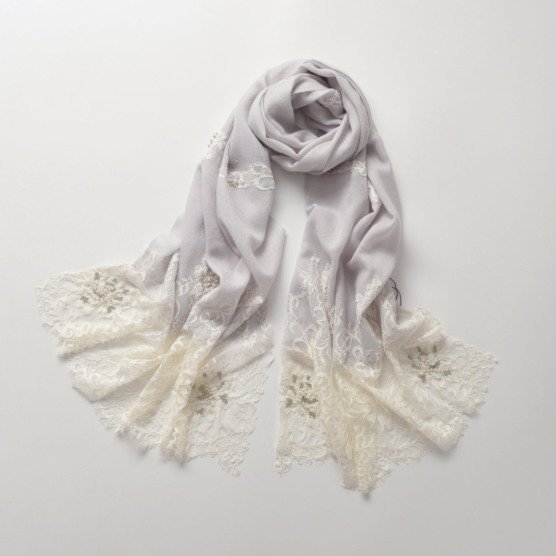 Hand Sewn Lace on Cashmere Silk Scarf in Light Grey - Made in India