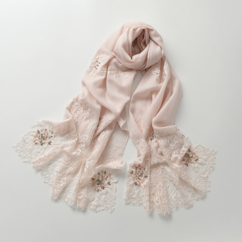 Hand Sewn Lace on Cashmere Silk Scarf in Pink - Made in India