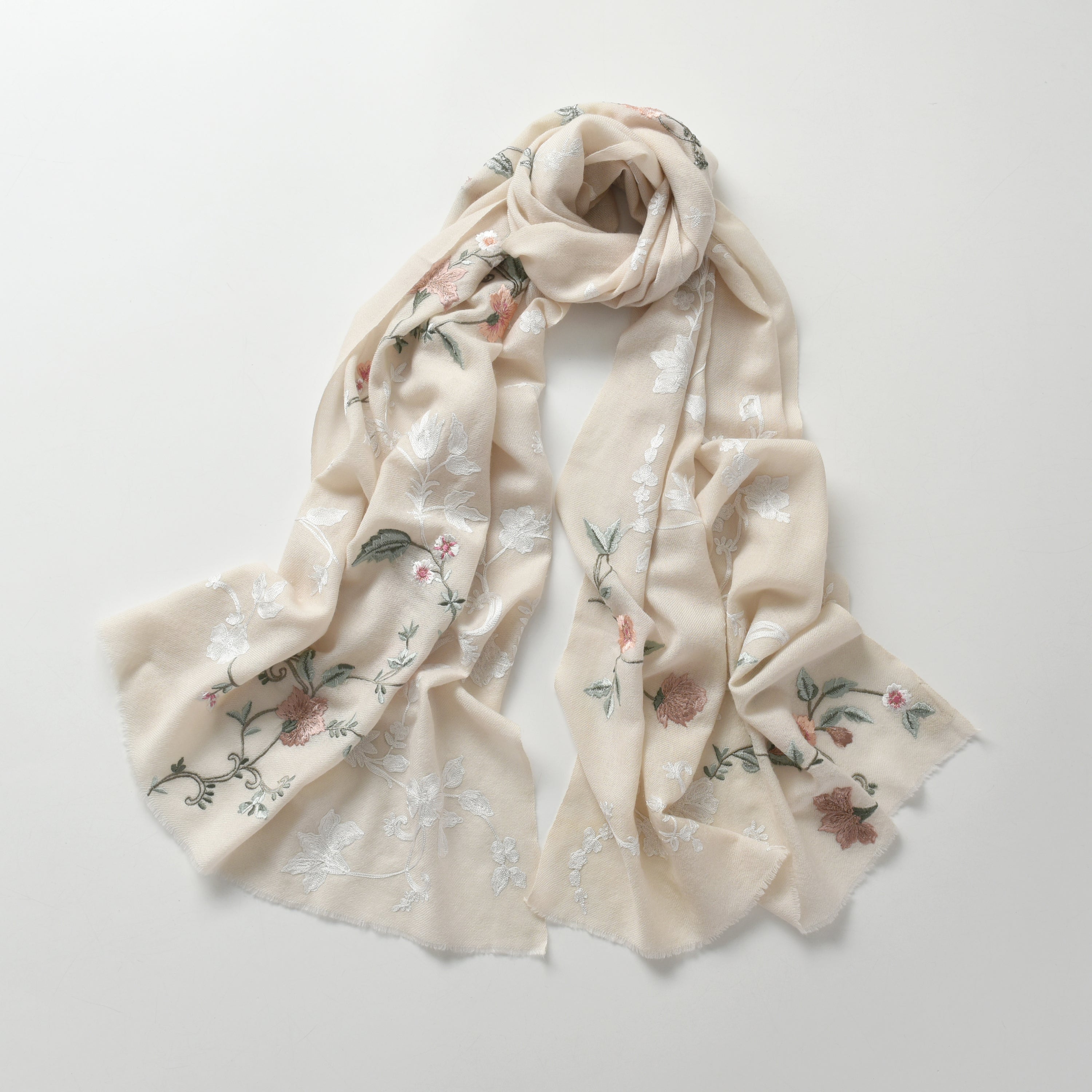 Hand Sewn Floral Embroidery on Cashmere Silk Scarf in Ivory - Made
