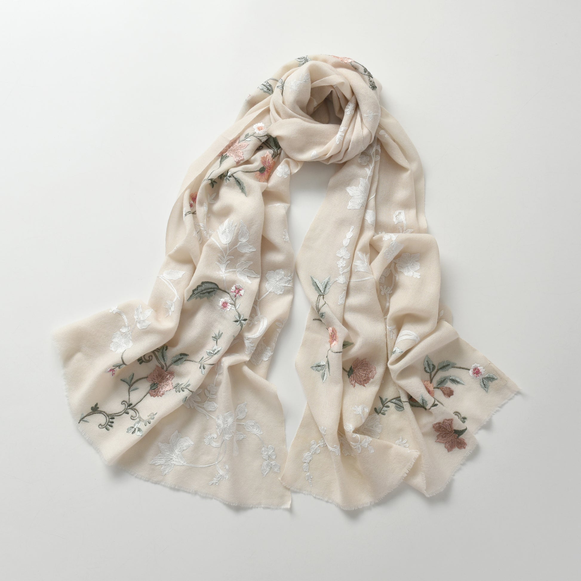 Hand Sewn Floral Embroidery on Cashmere Silk Scarf in Ivory - Made in India