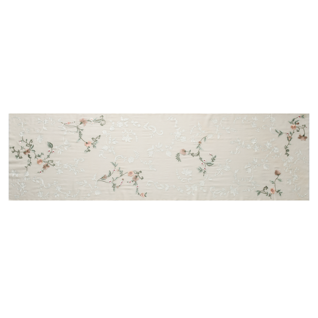 Hand Sewn Floral Embroidery on Cashmere Silk Scarf in Ivory - Made in India