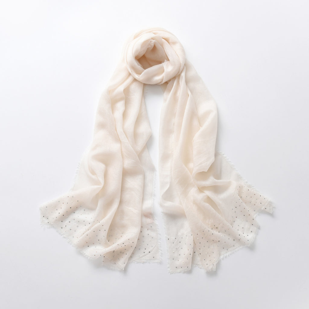 Brilliantem Embellished Ivory Cashmere Scarf with fringe