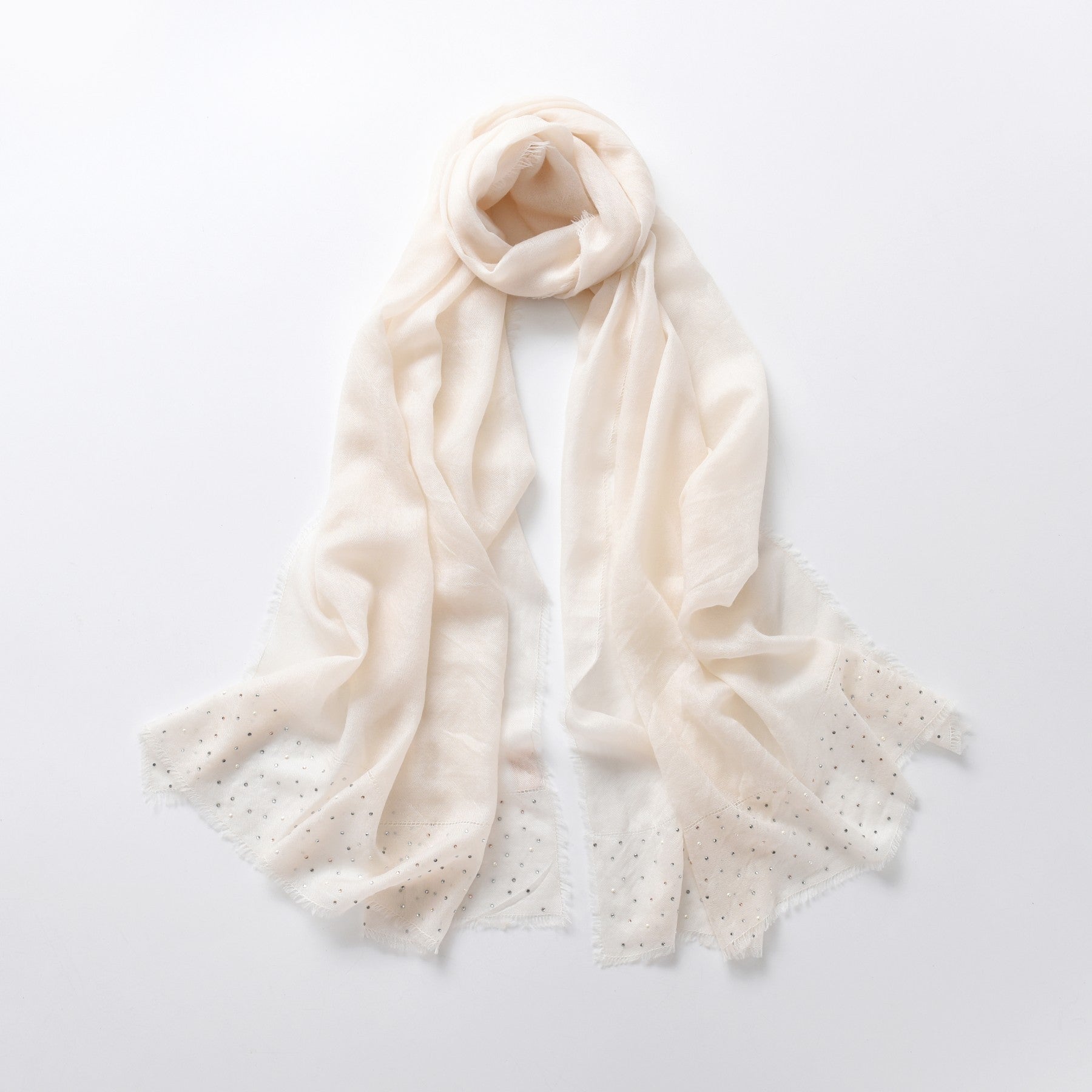 Brilliantem Embellished Ivory Cashmere Scarf with fringe