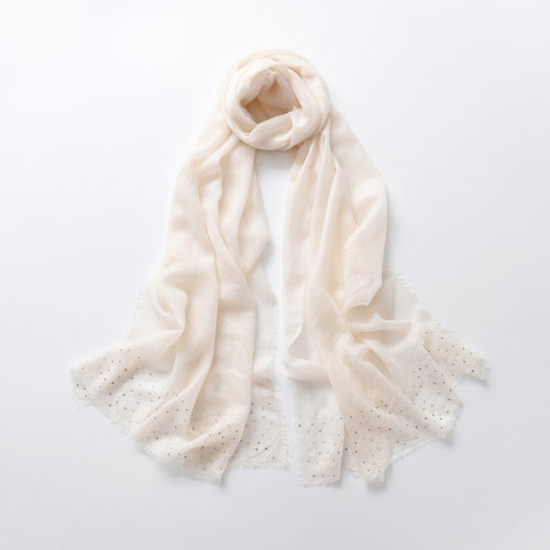 Brilliantem Embellished Ivory Cashmere Scarf with fringe