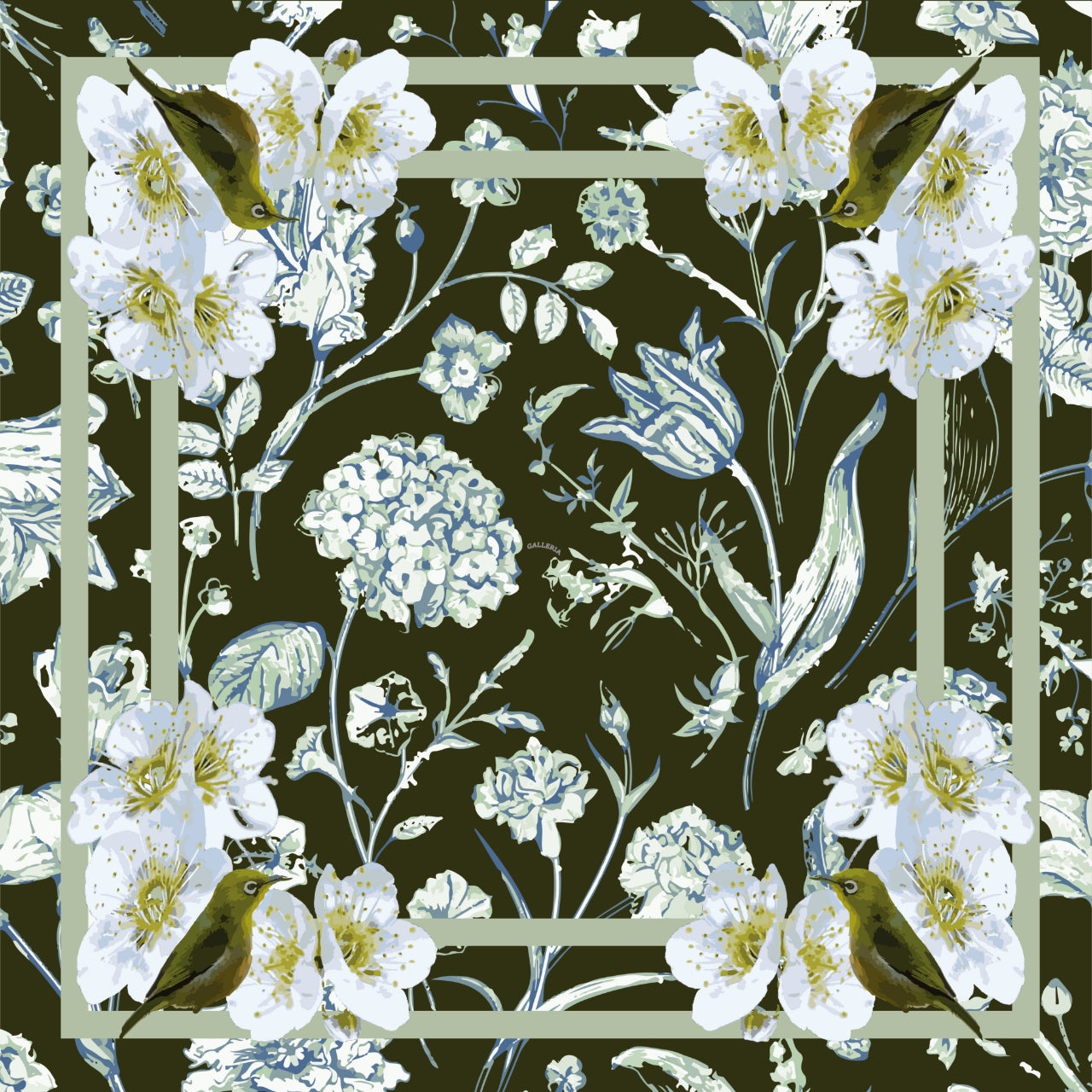 Blue Hydrangea with Plum Blossom in Green Cashmere Scarf