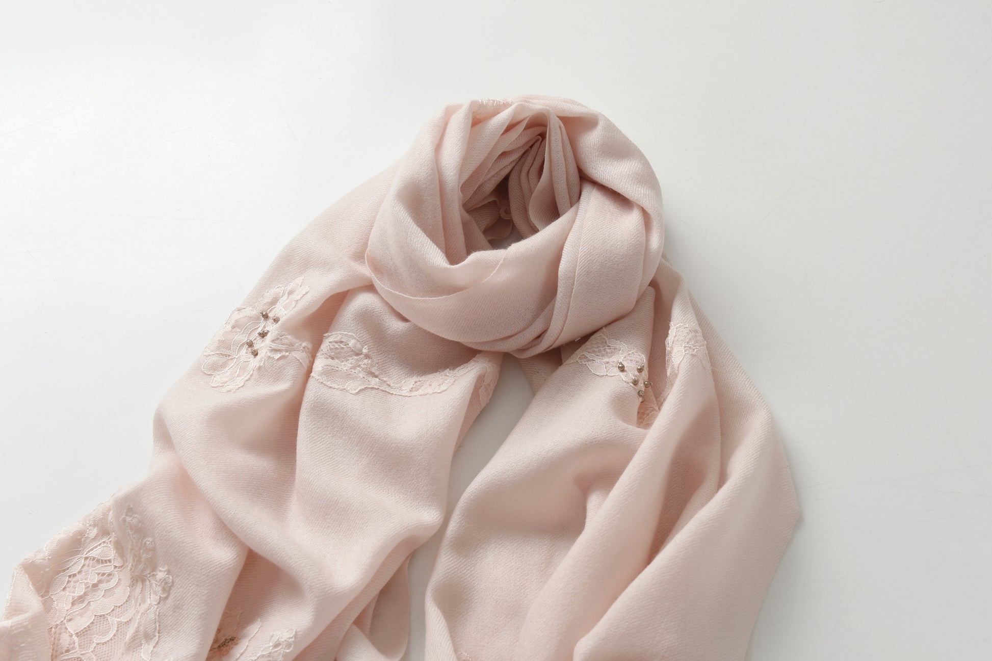 Hand Sewn Lace on Cashmere Silk Scarf in Pink - Made in India