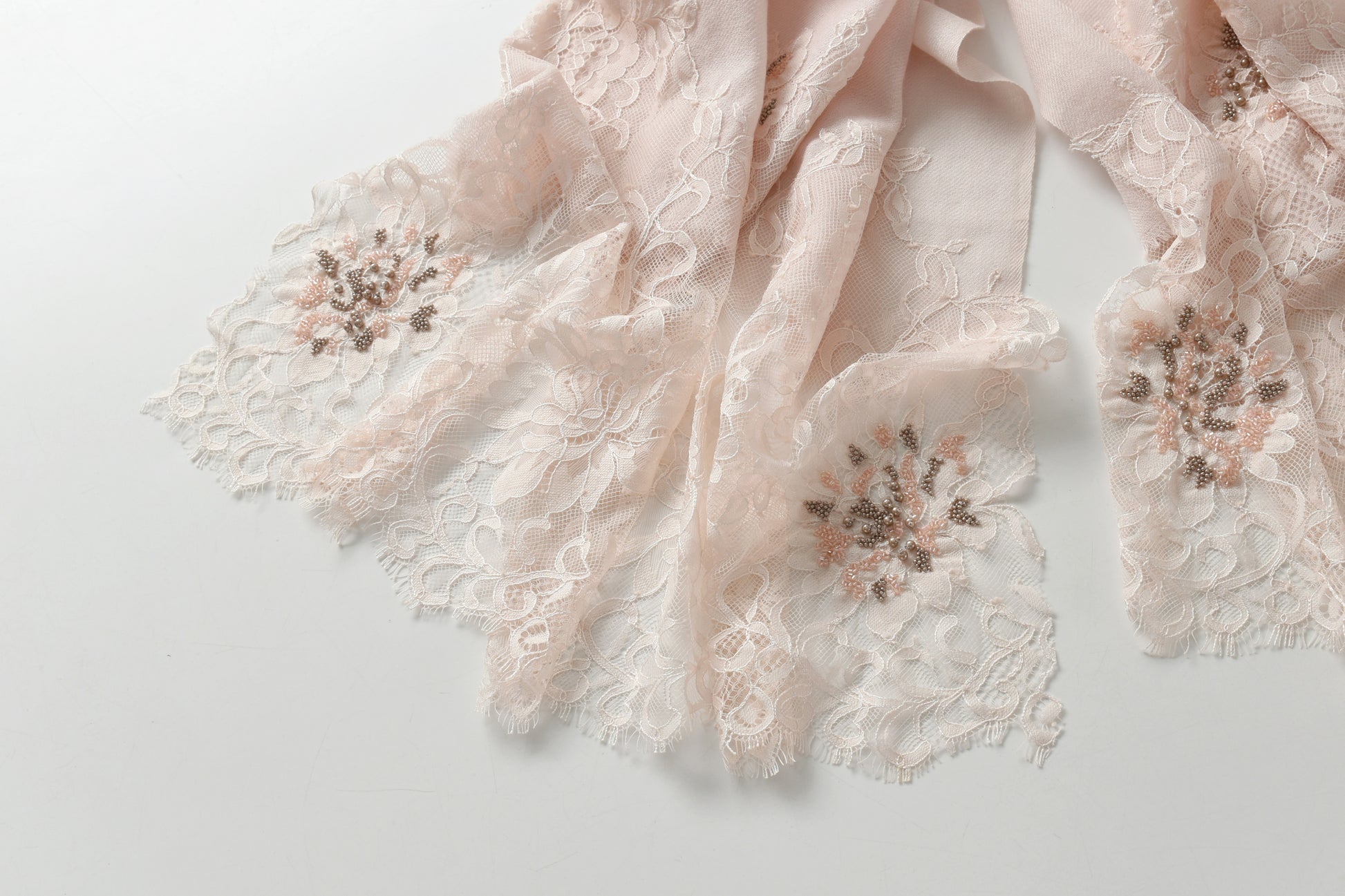 Hand Sewn Lace on Cashmere Silk Scarf in Pink - Made in India