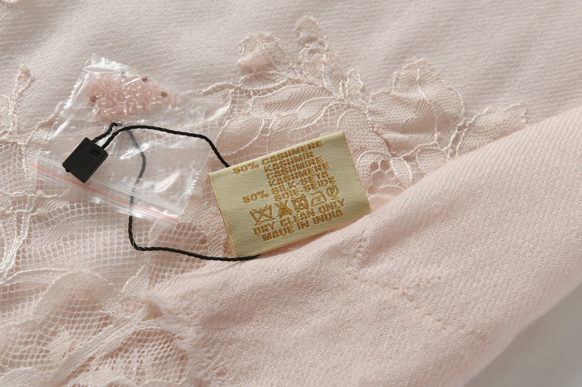 Hand Sewn Lace on Cashmere Silk Scarf in Pink - Made in India