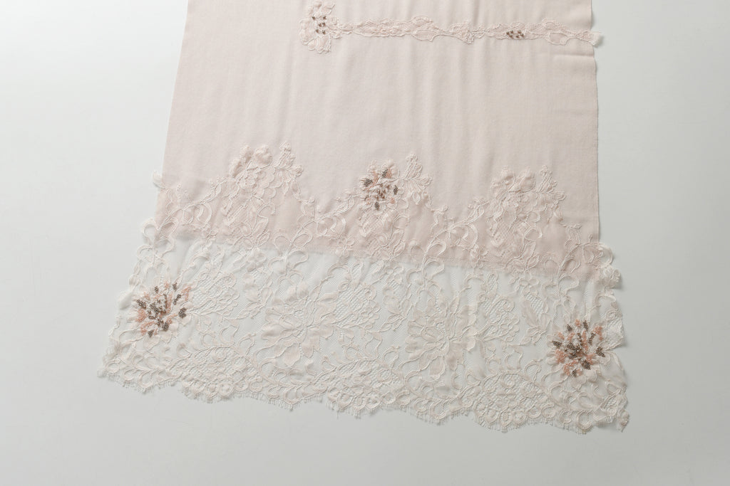 Hand Sewn Lace on Cashmere Silk Scarf in Pink - Made in India