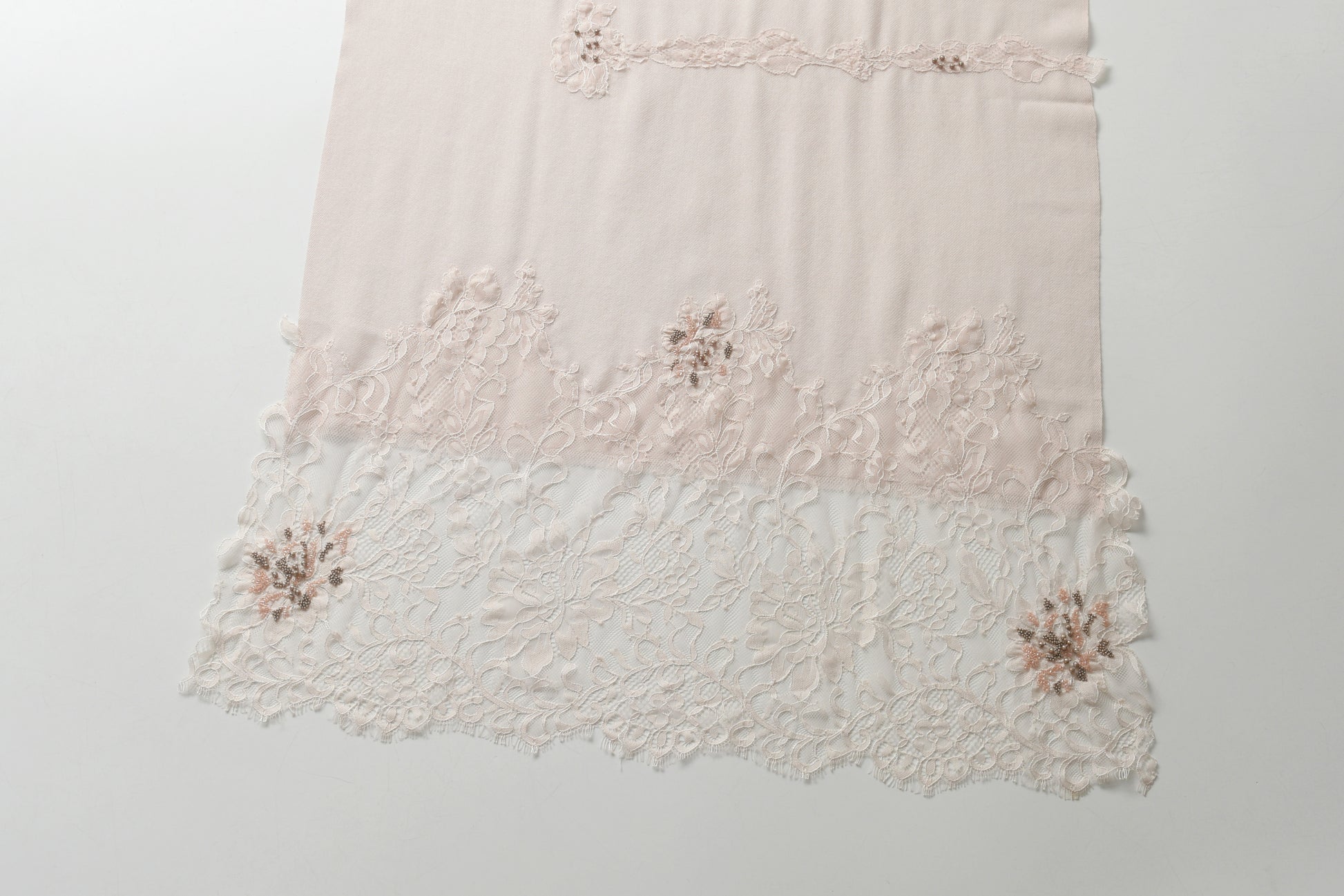 Hand Sewn Lace on Cashmere Silk Scarf in Pink - Made in India