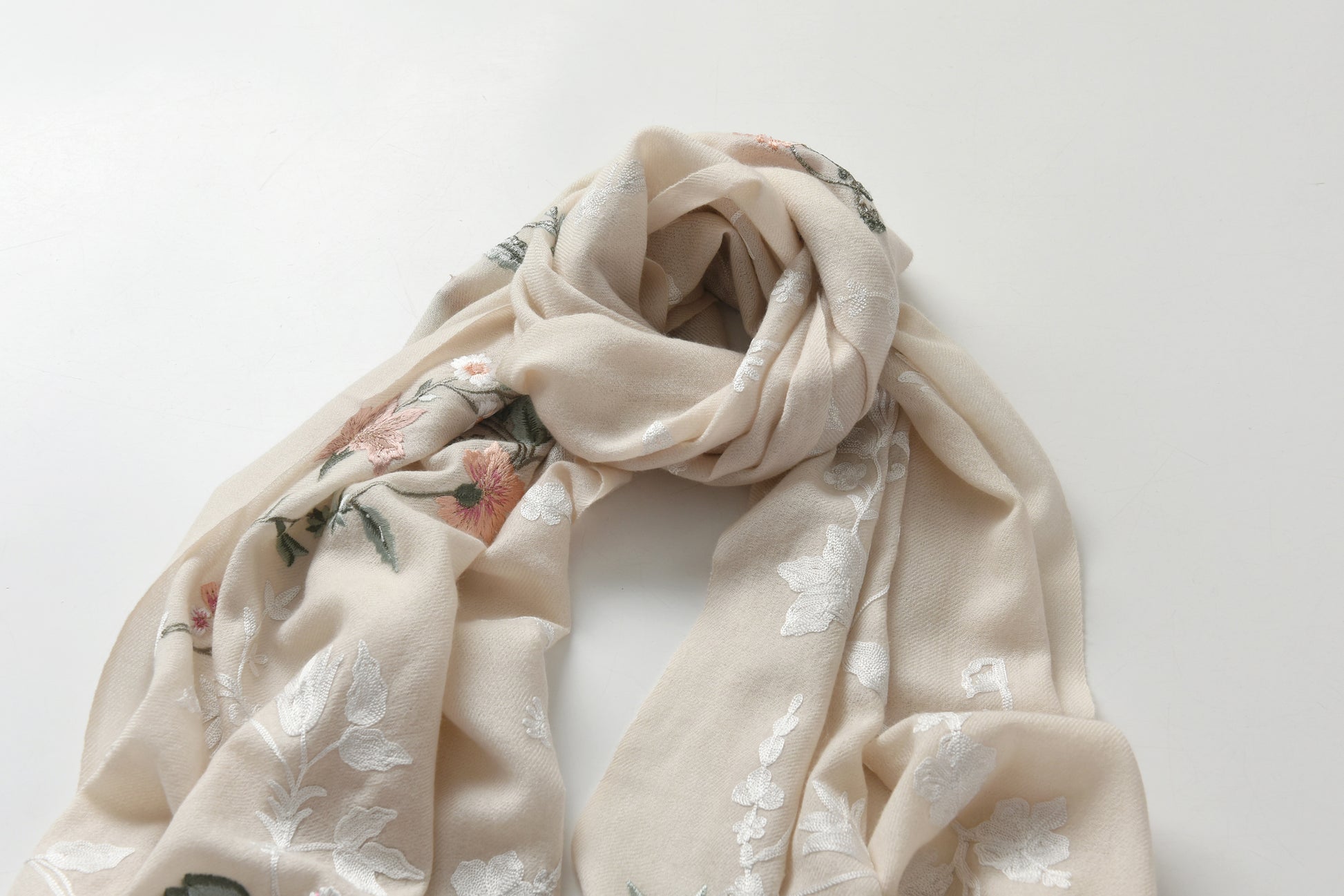 Hand Sewn Floral Embroidery on Cashmere Silk Scarf in Ivory - Made in India