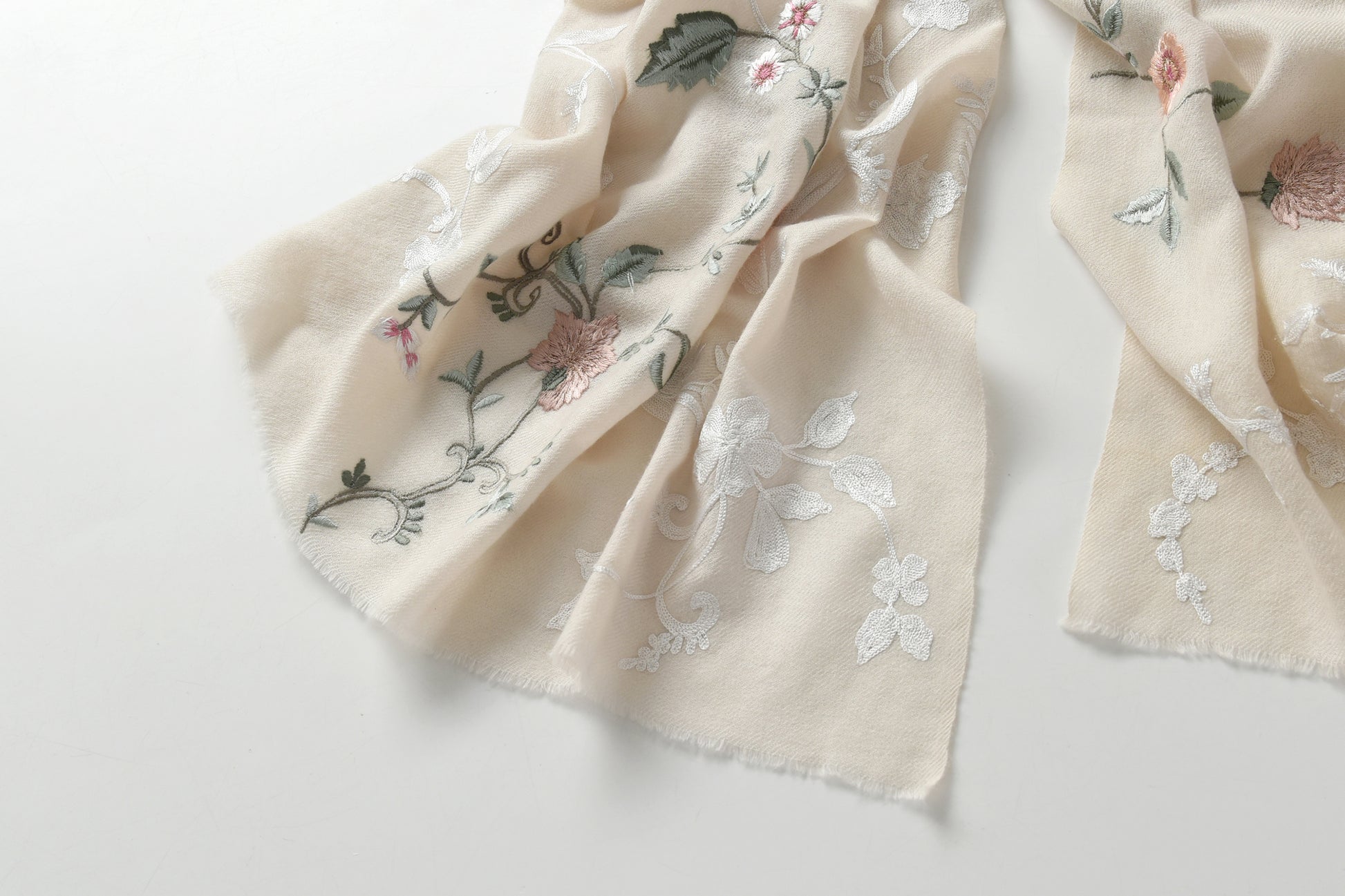 Hand Sewn Floral Embroidery on Cashmere Silk Scarf in Ivory - Made in India