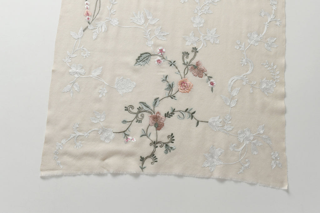 Hand Sewn Floral Embroidery on Cashmere Silk Scarf in Ivory - Made in India
