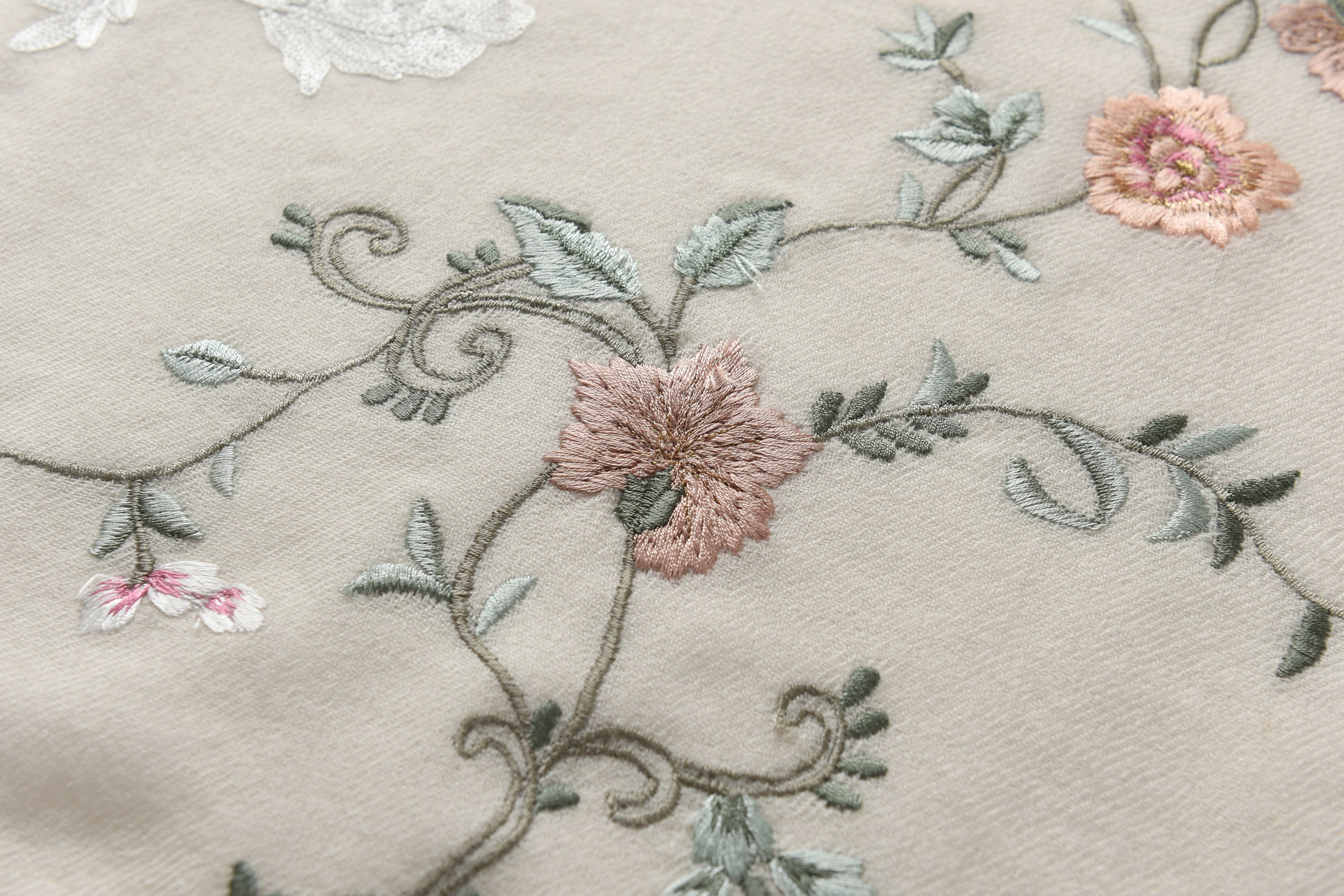 Hand Sewn Floral Embroidery on Cashmere Silk Scarf in Ivory - Made