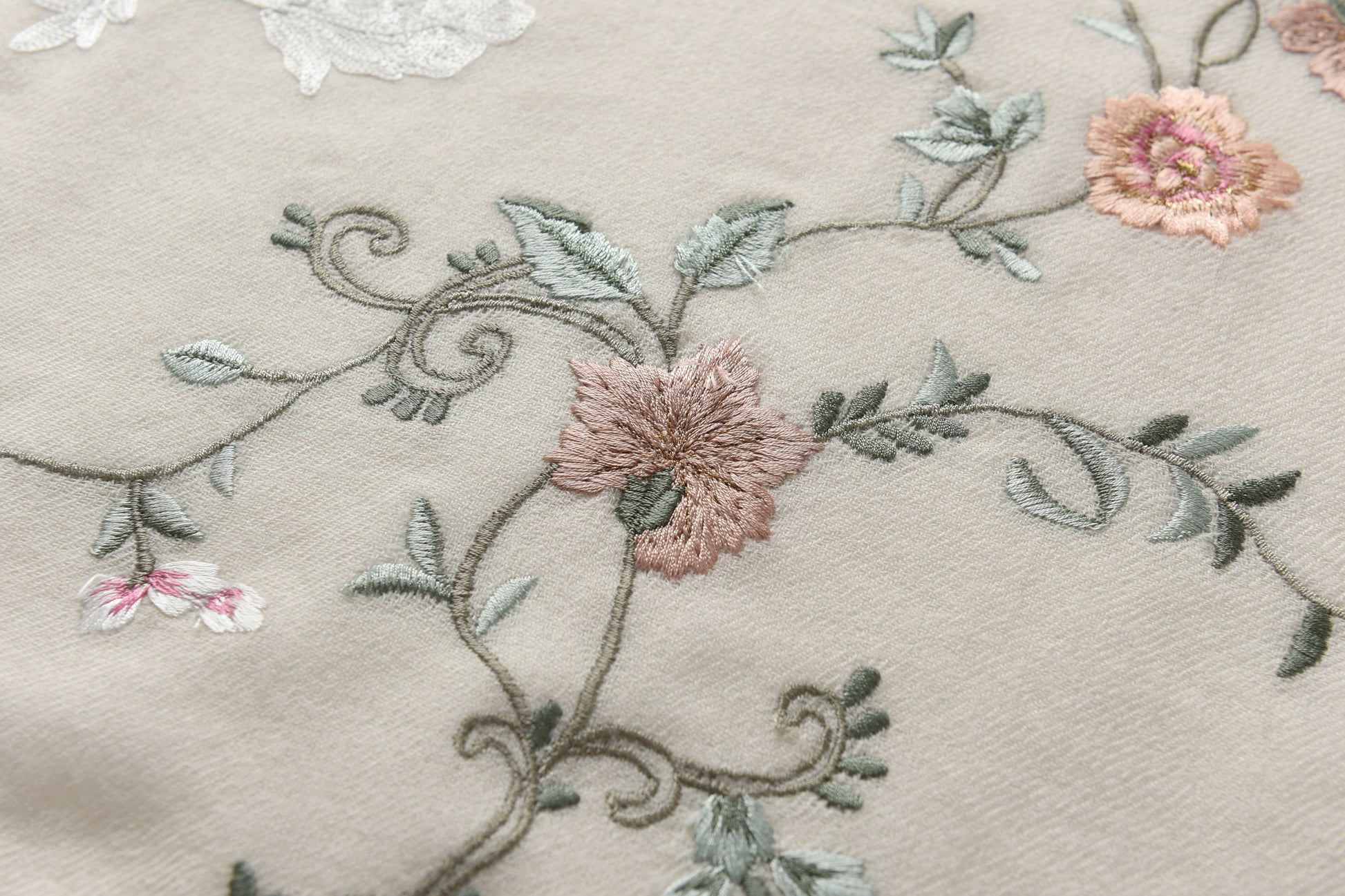 Hand Sewn Floral Embroidery on Cashmere Silk Scarf in Ivory - Made in India