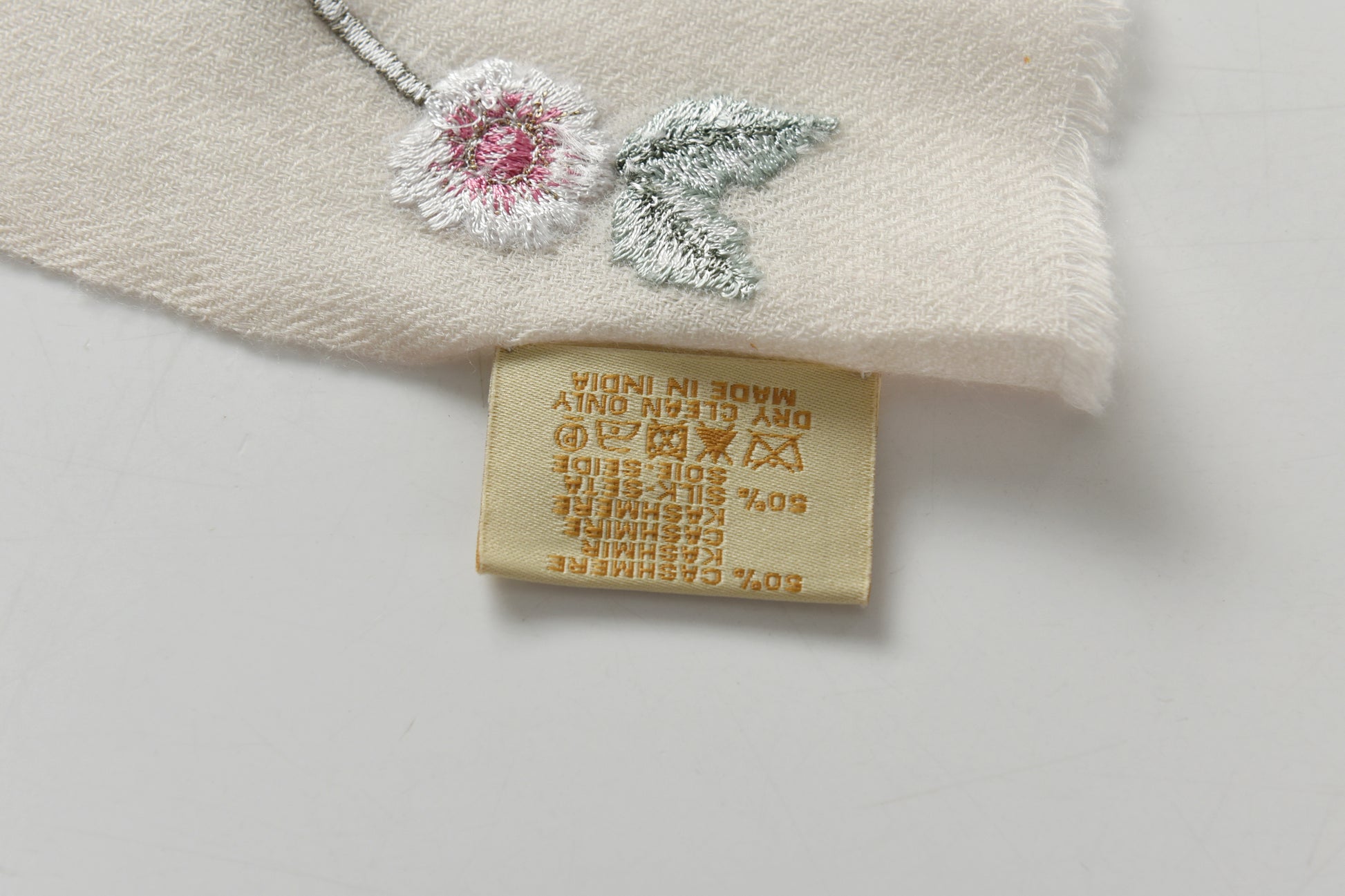 Hand Sewn Floral Embroidery on Cashmere Silk Scarf in Ivory - Made in India