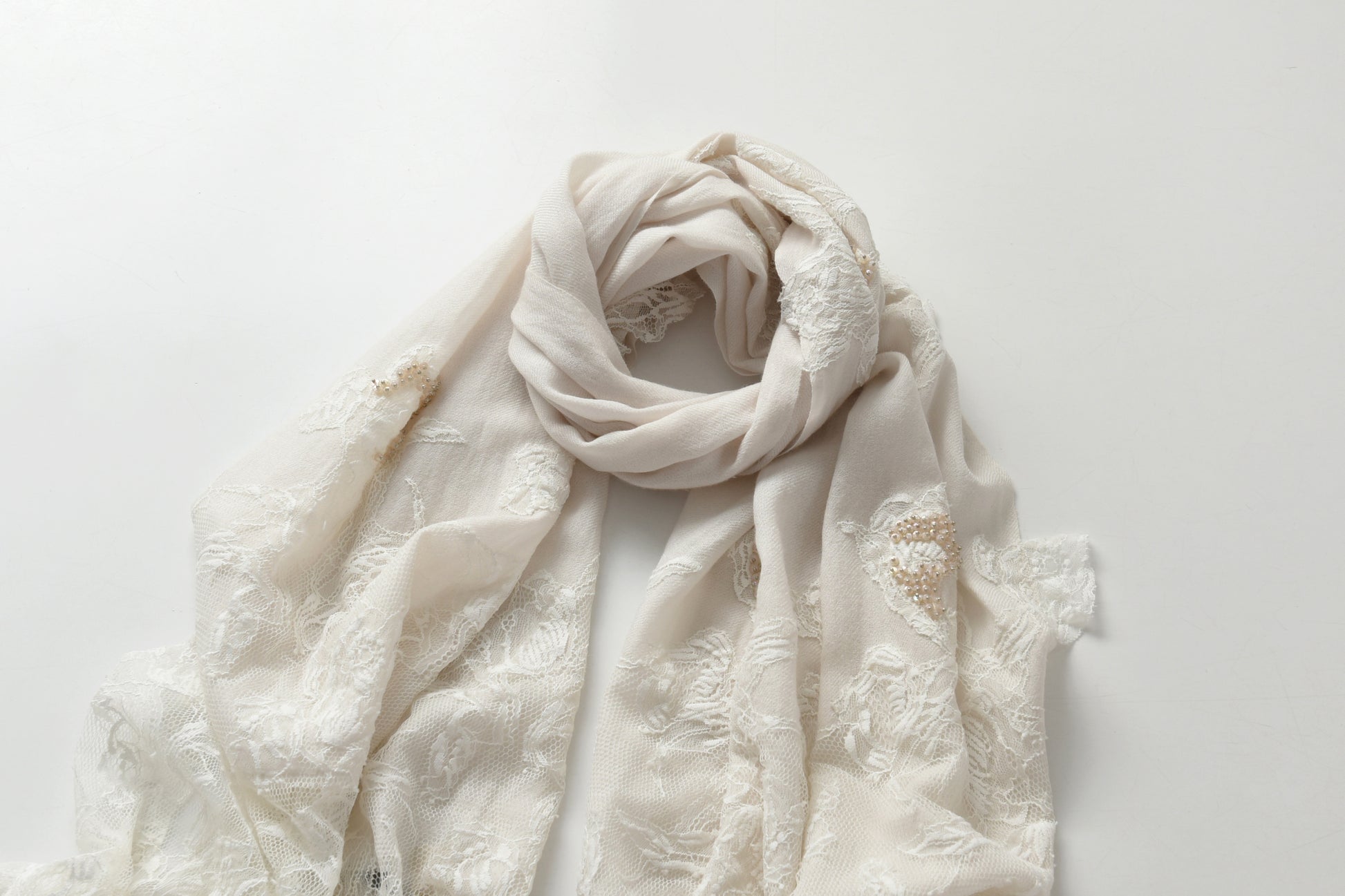 Hand Sewn Lace on Cashmere Silk Scarf in White - Made in India