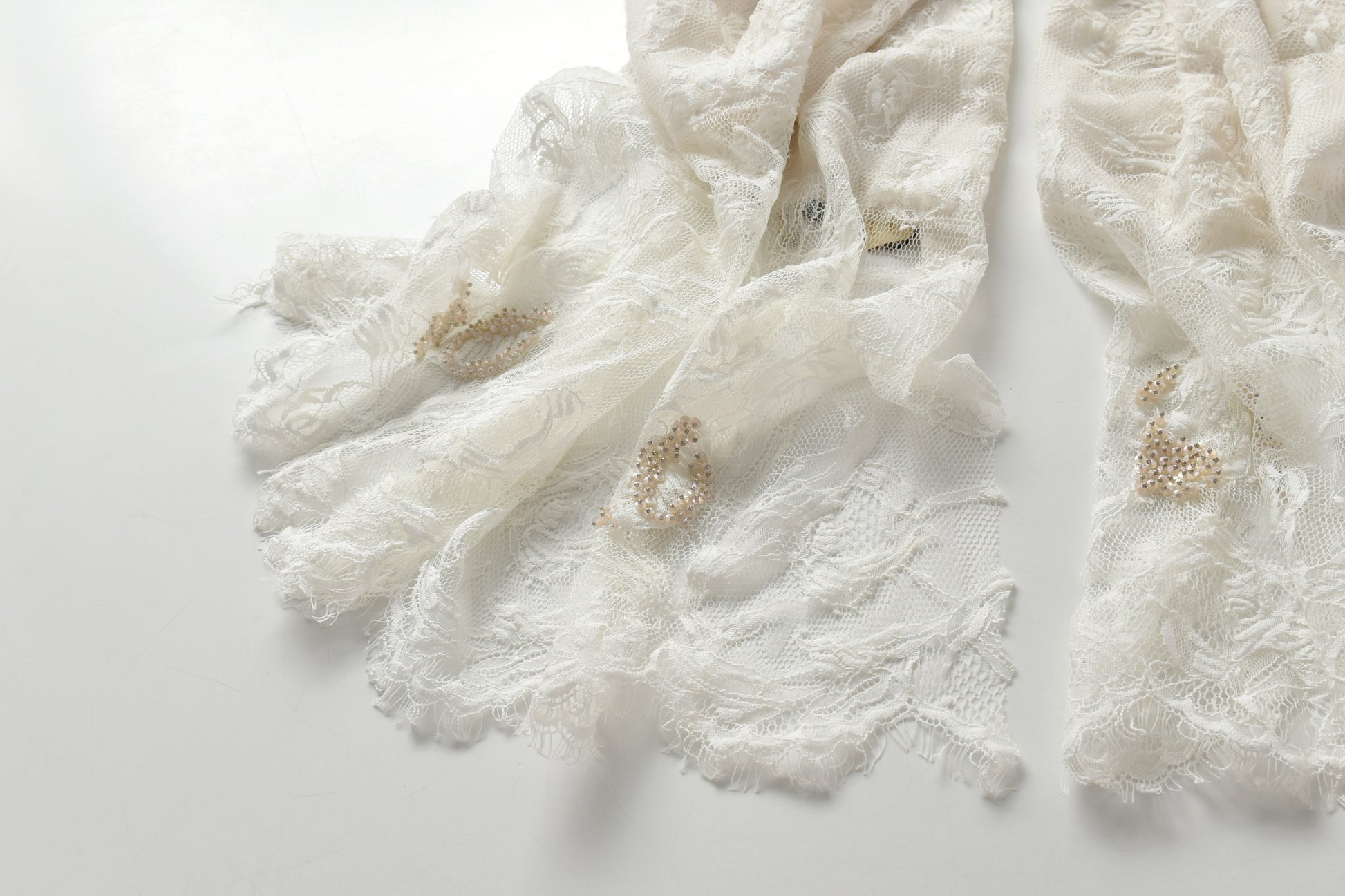 Hand Sewn Lace on Cashmere Silk Scarf in White - Made in India