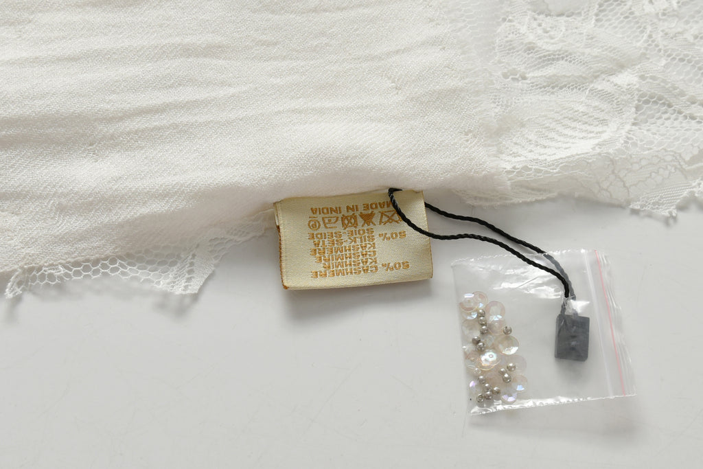 Hand Sewn Lace on Cashmere Silk Scarf in White - Made in India