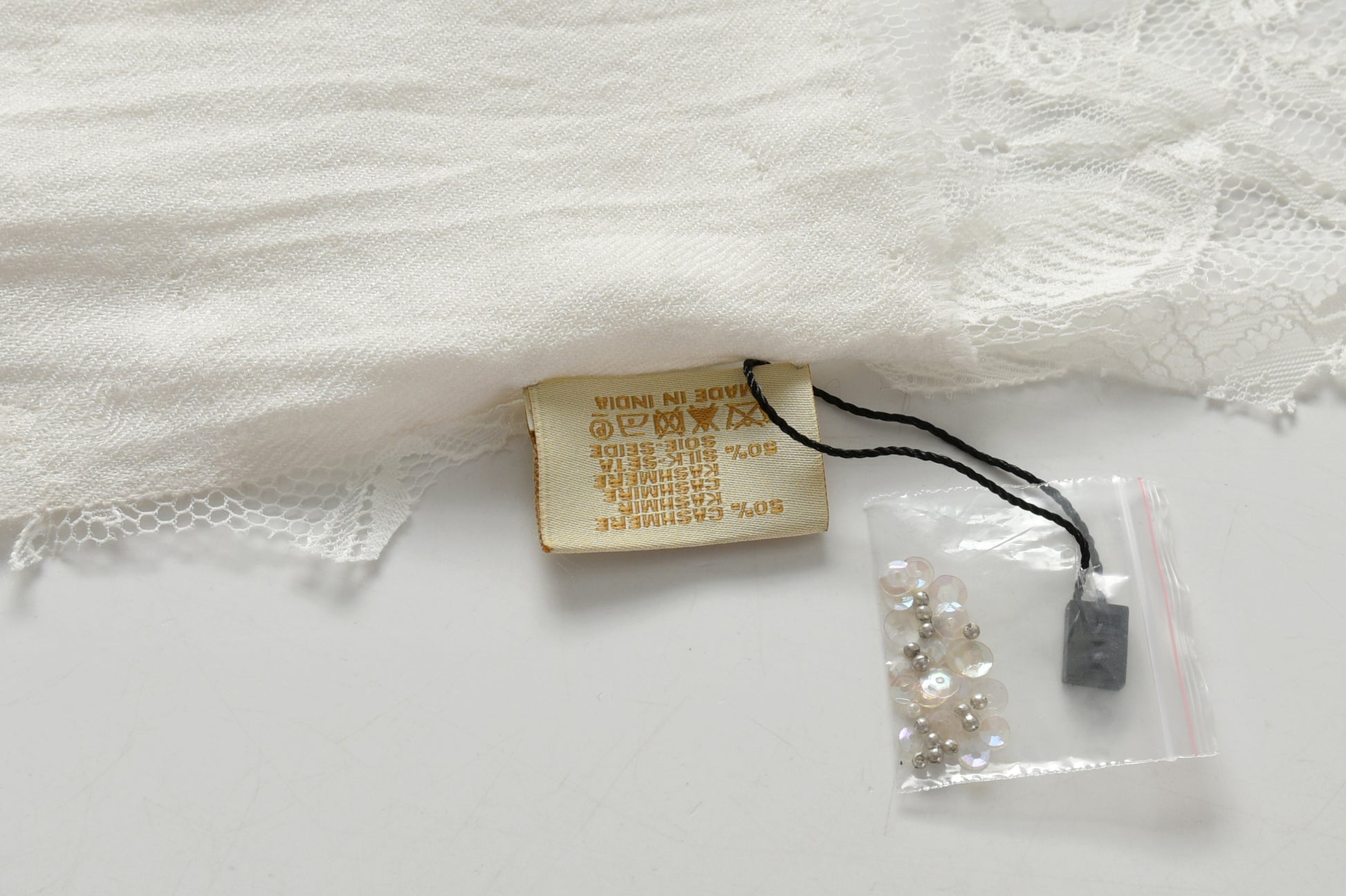 Hand Sewn Lace on Cashmere Silk Scarf in White - Made in India
