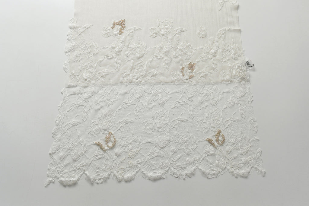 Hand Sewn Lace on Cashmere Silk Scarf in White - Made in India