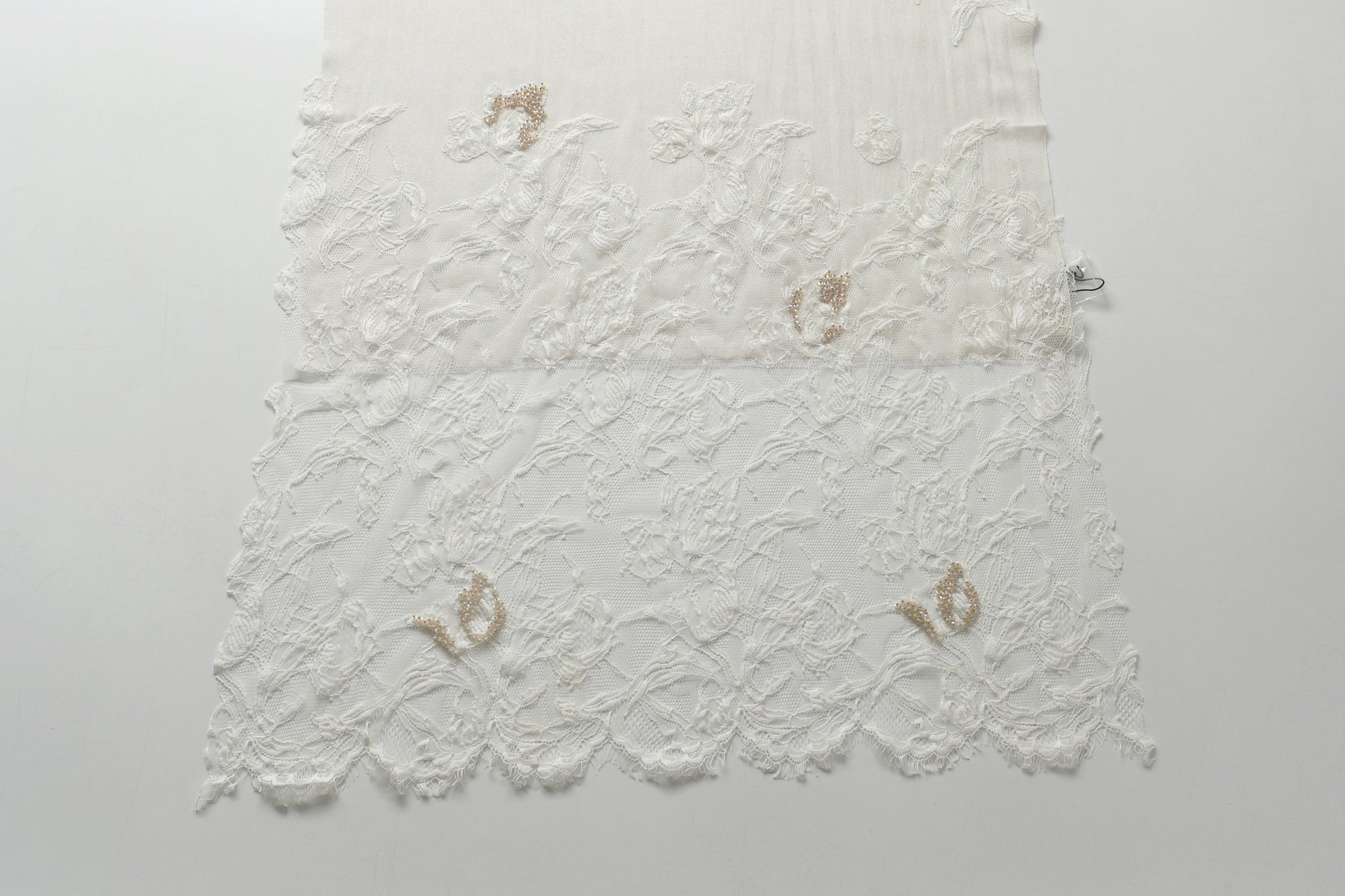 Hand Sewn Lace on Cashmere Silk Scarf in White - Made in India