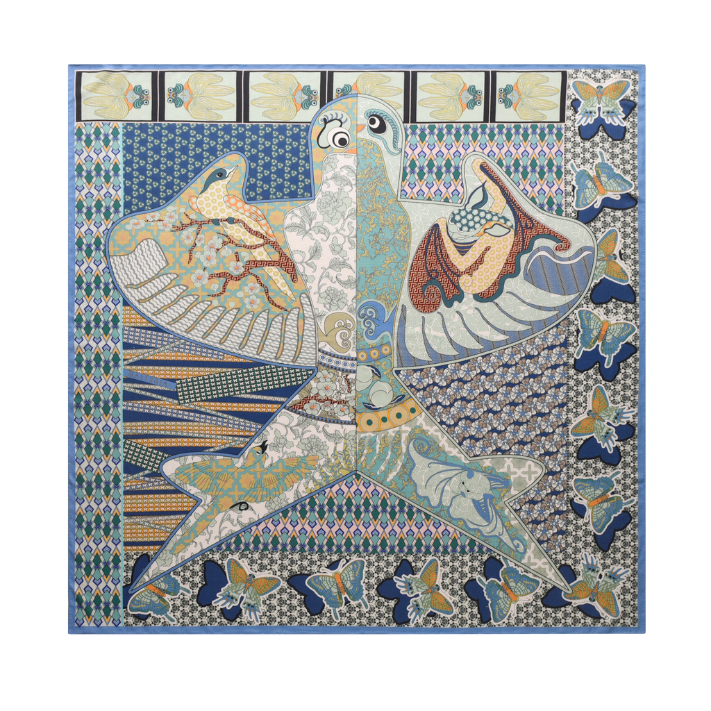 Bird & Fish Totem Cashmere Scarf in Blue & Green