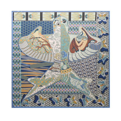 Bird & Fish Totem Cashmere Scarf in Blue & Green