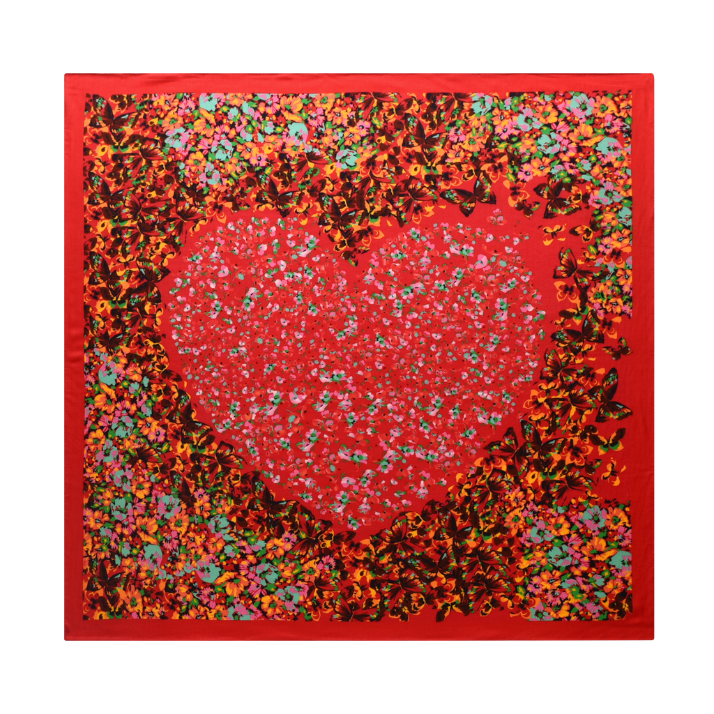 Heart Shaped Floral Butterfly Cashmere Scarf in Red