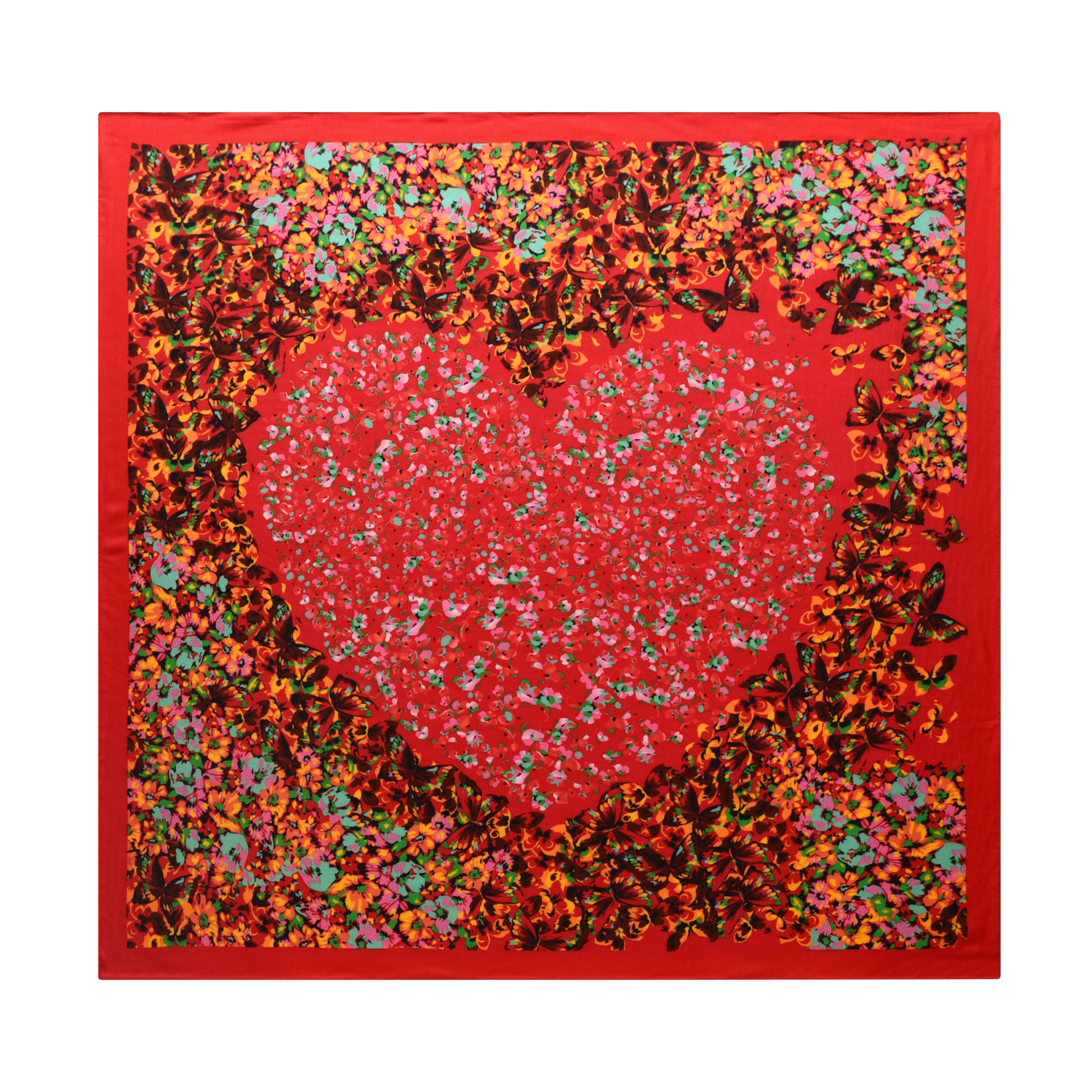 Heart Shaped Floral Butterfly Cashmere Scarf in Red