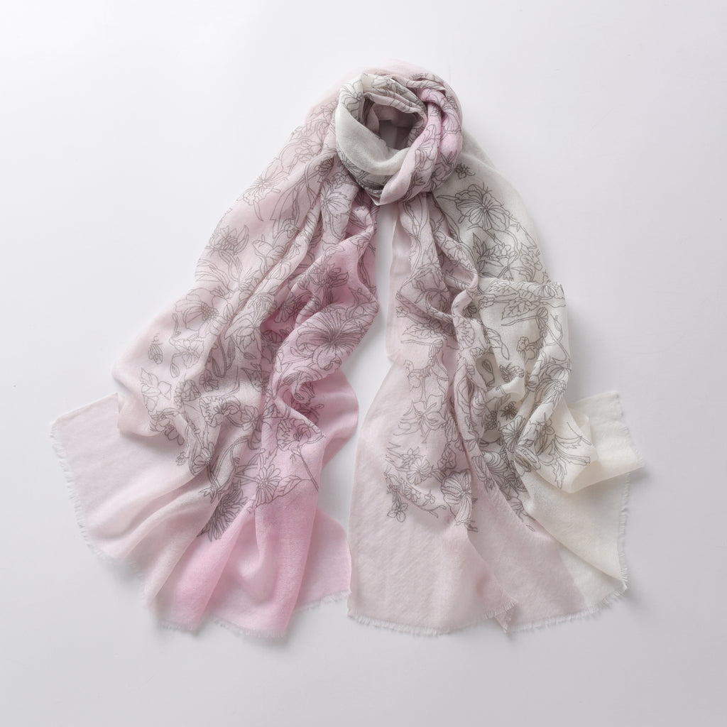 Butterfly and Floral Garden Cashmere Scarf in Pink