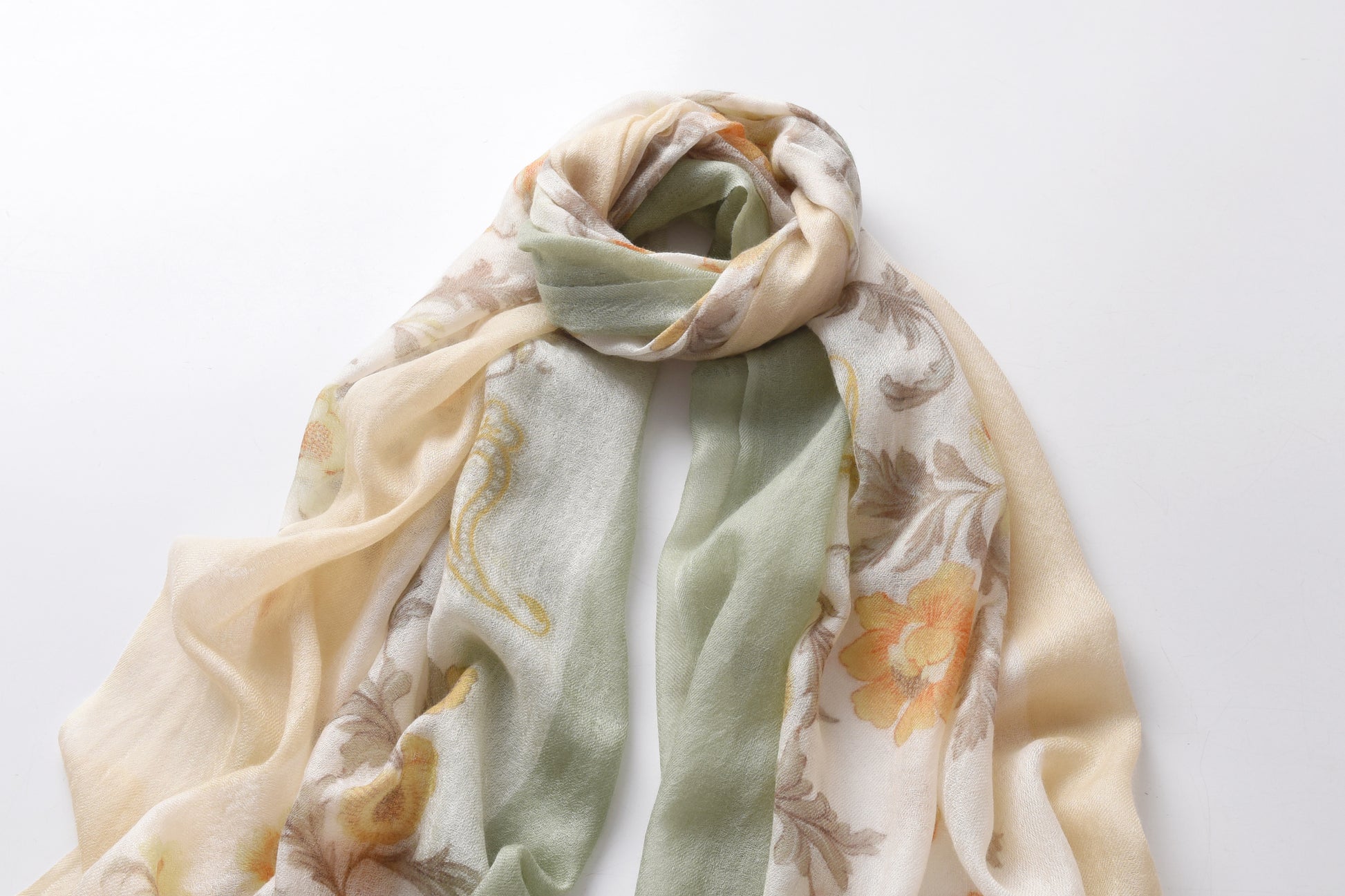 Rose Paisley Watercolour Cashmere Scarf in Green & Beige