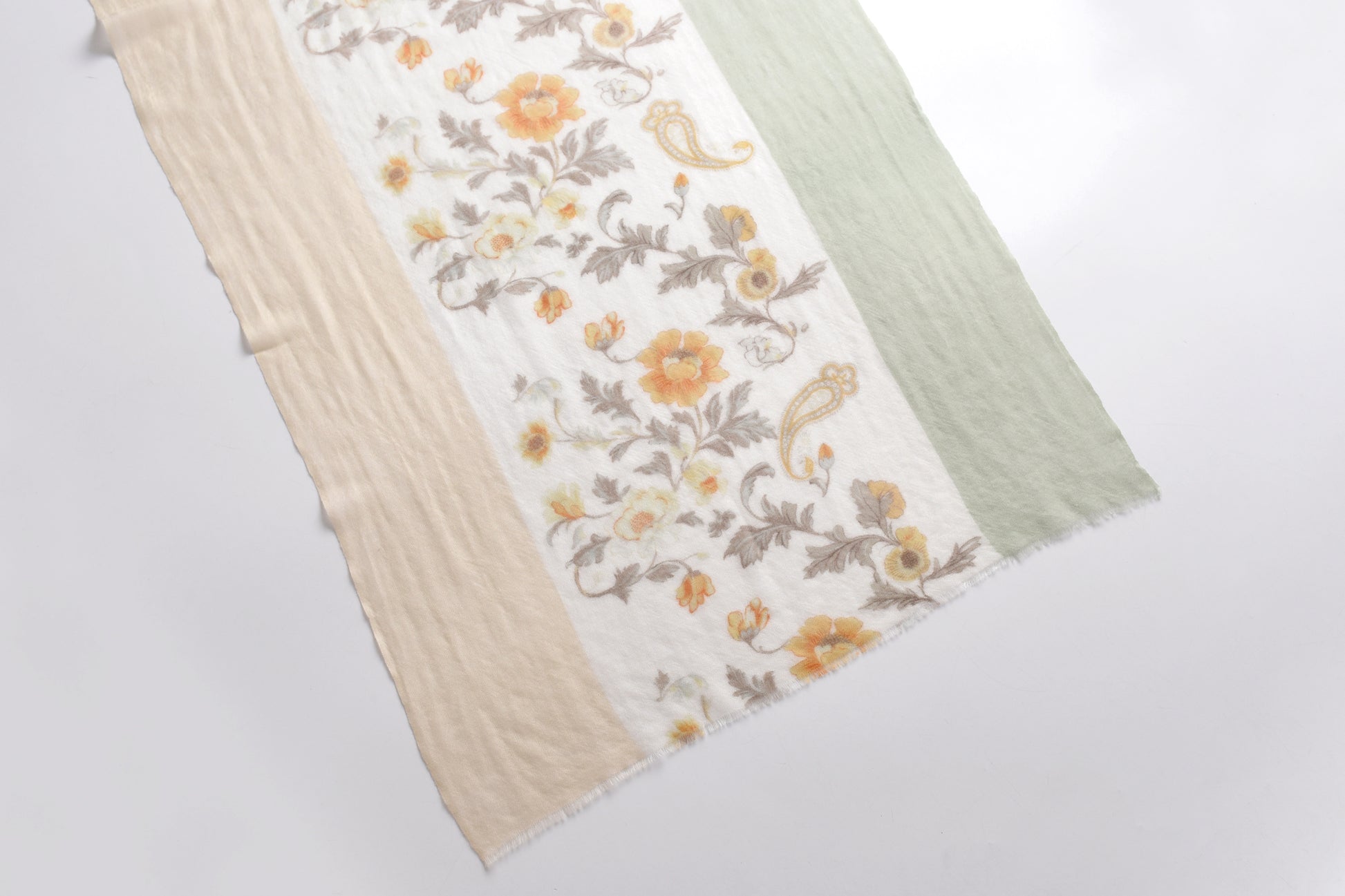 Rose Paisley Watercolour Cashmere Scarf in Green & Beige