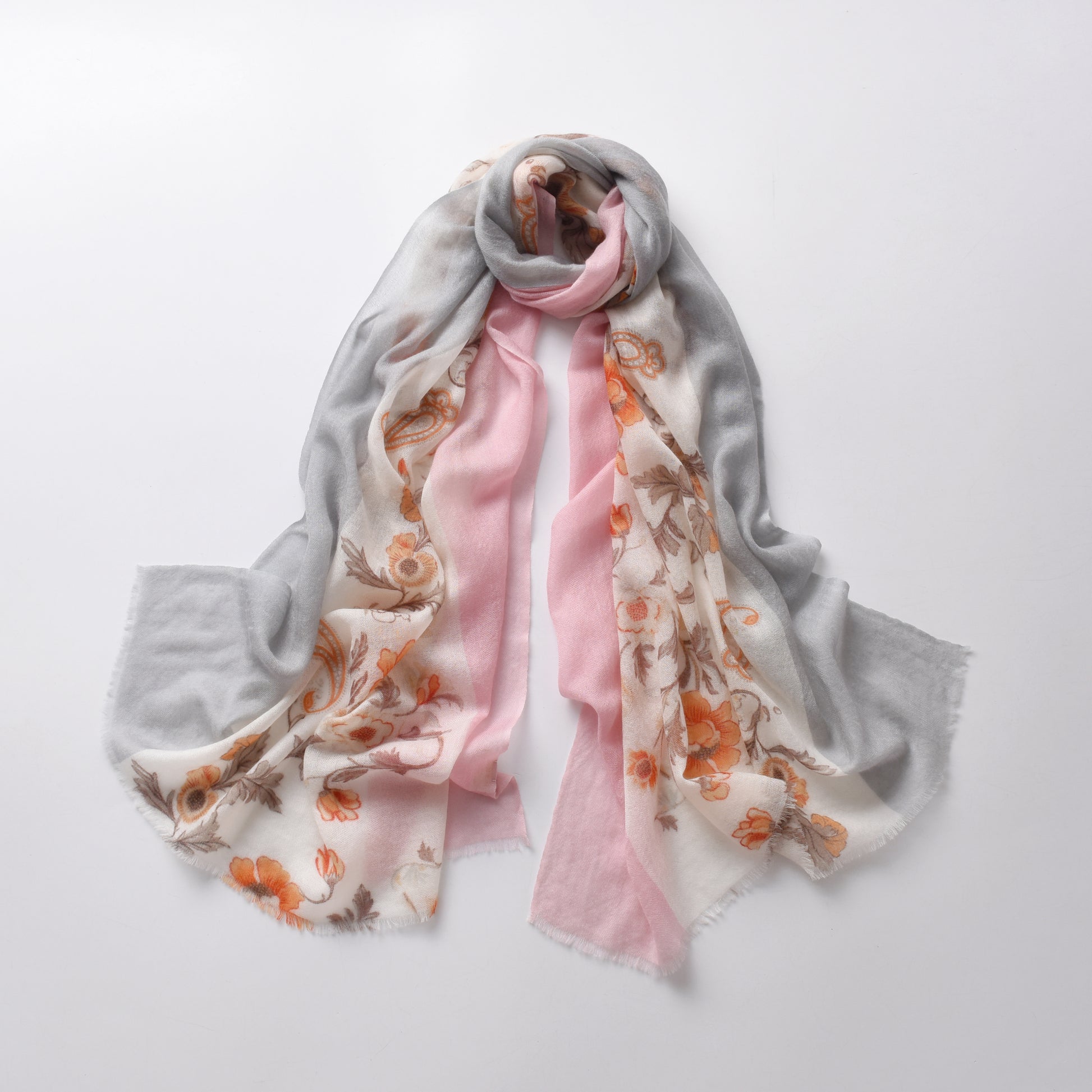 Rose Paisley Watercolour Cashmere Scarf in Pink & Grey