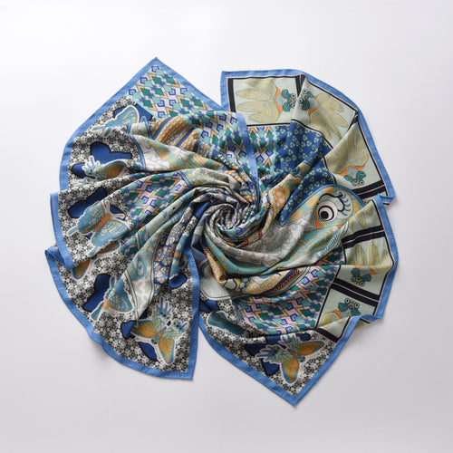 Bird & Fish Totem Cashmere Scarf in Blue & Green