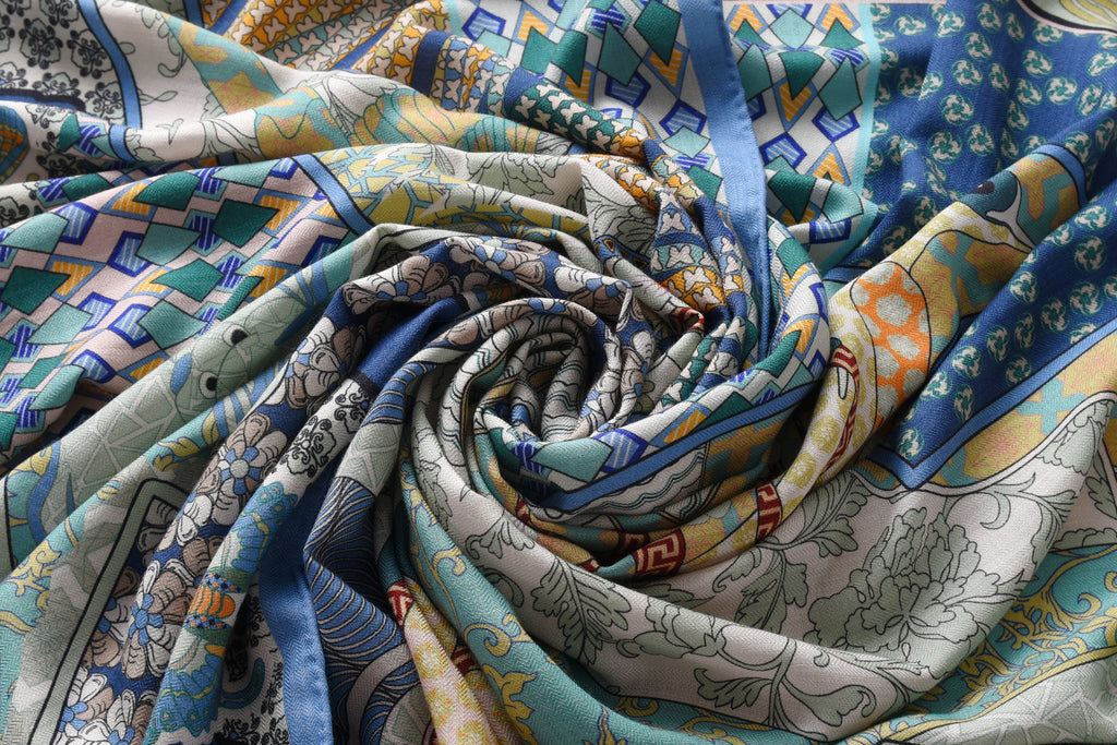 Bird & Fish Totem Cashmere Scarf in Blue & Green