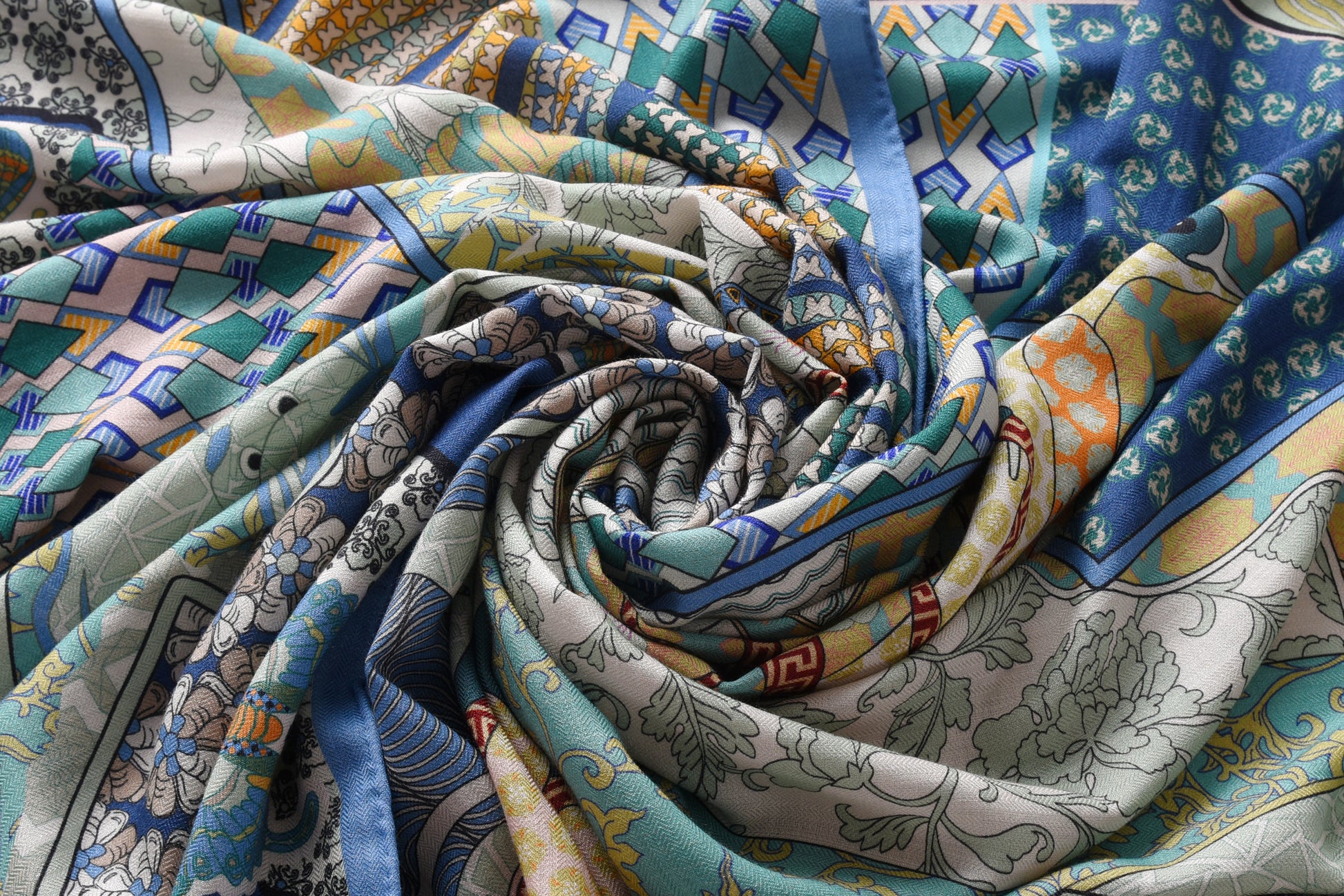 Bird & Fish Totem Cashmere Scarf in Blue & Green