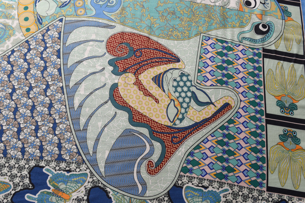 Bird & Fish Totem Cashmere Scarf in Blue & Green
