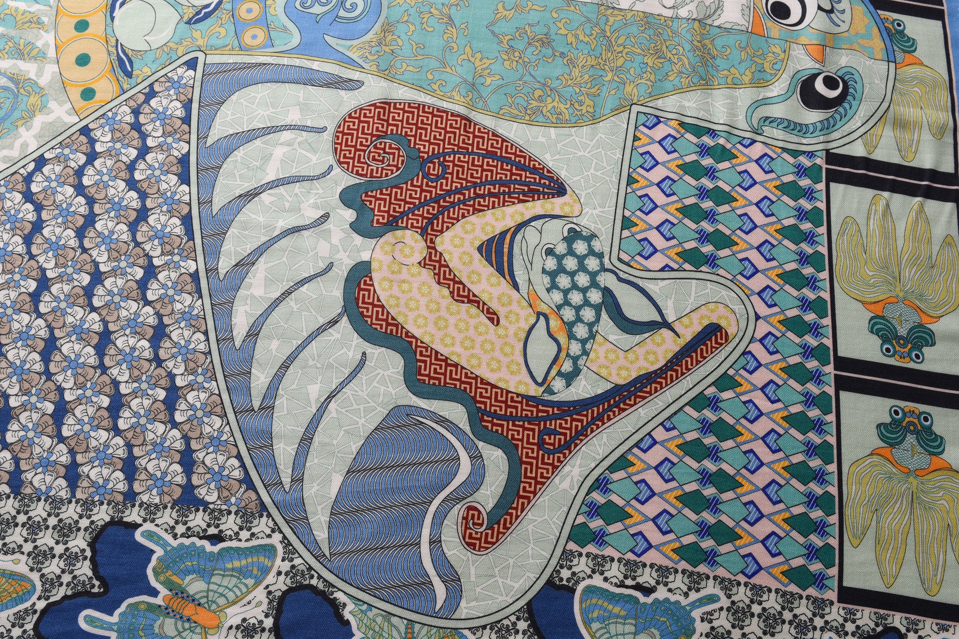 Bird & Fish Totem Cashmere Scarf in Blue & Green