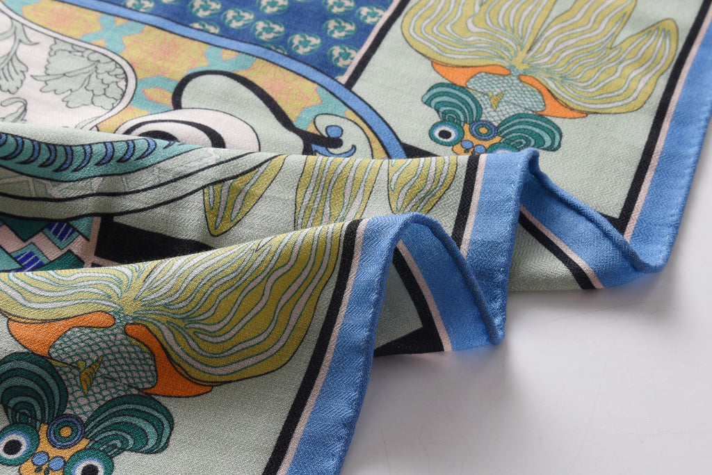Bird & Fish Totem Cashmere Scarf in Blue & Green
