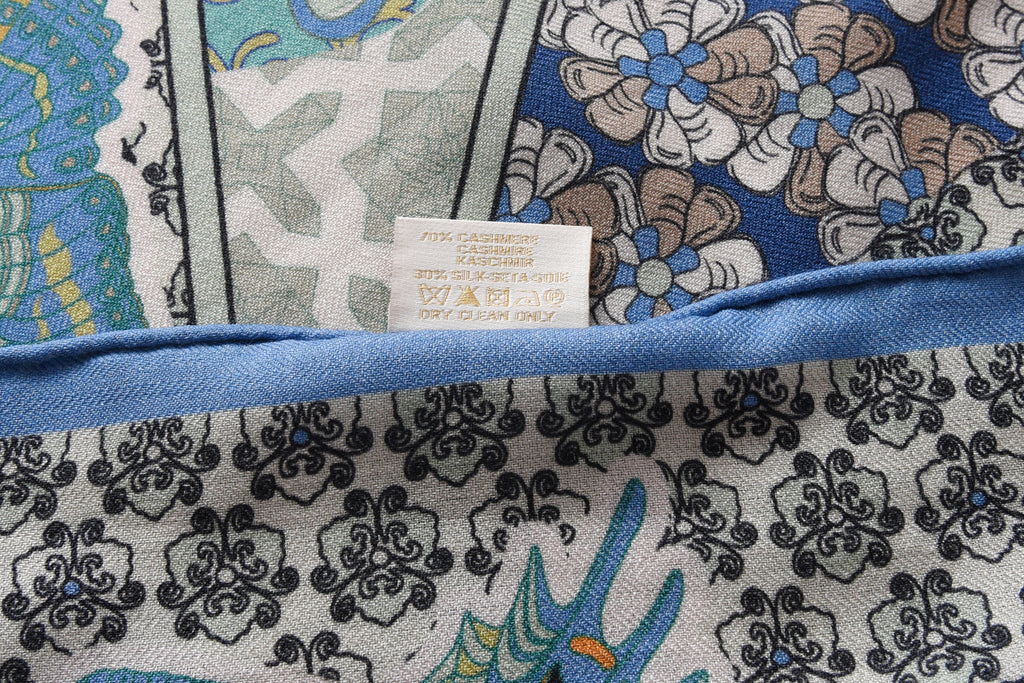 Bird & Fish Totem Cashmere Scarf in Blue & Green