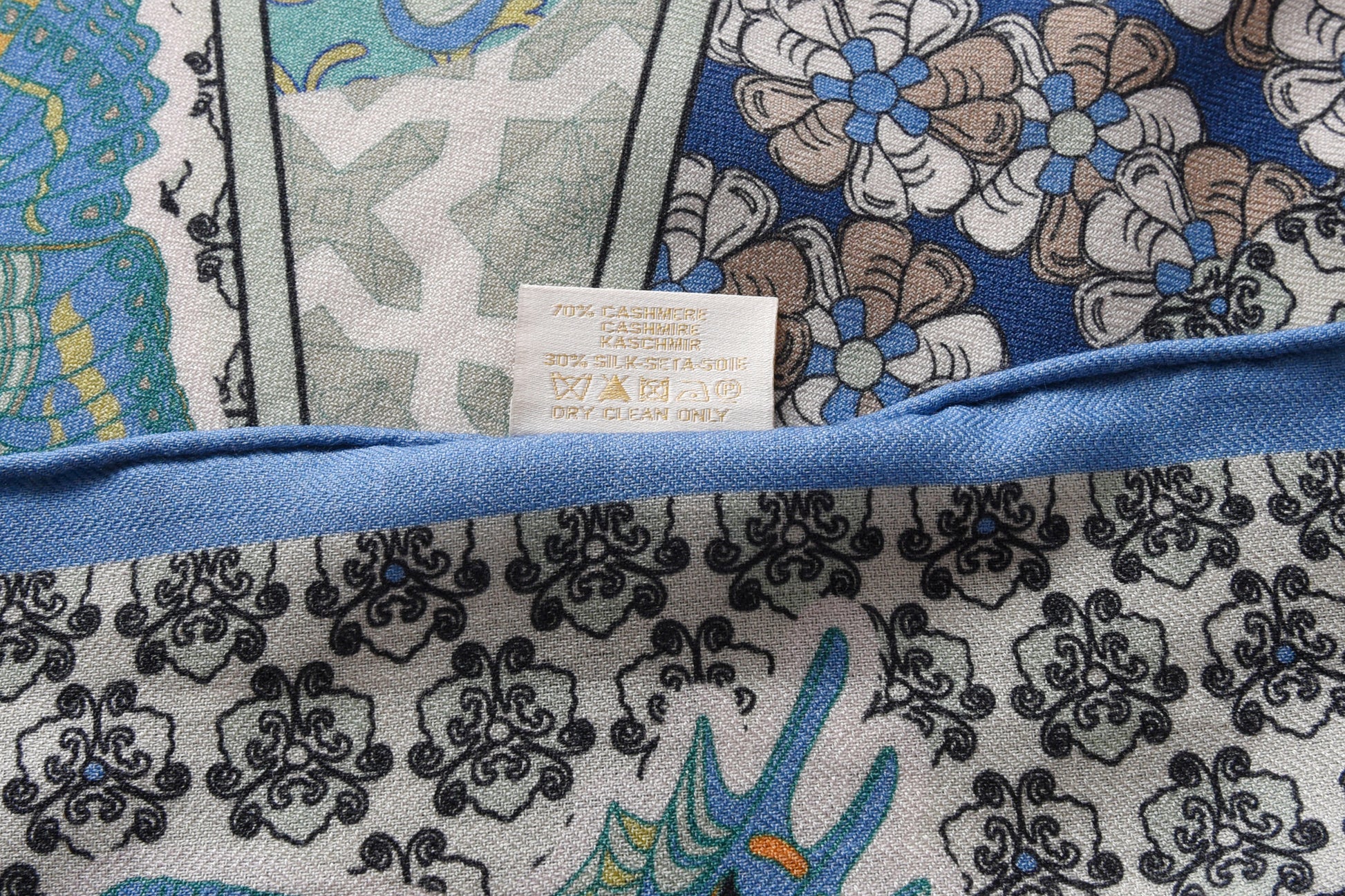 Bird & Fish Totem Cashmere Scarf in Blue & Green