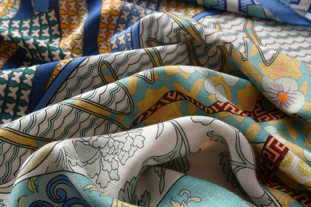 Bird & Fish Totem Cashmere Scarf in Blue & Green