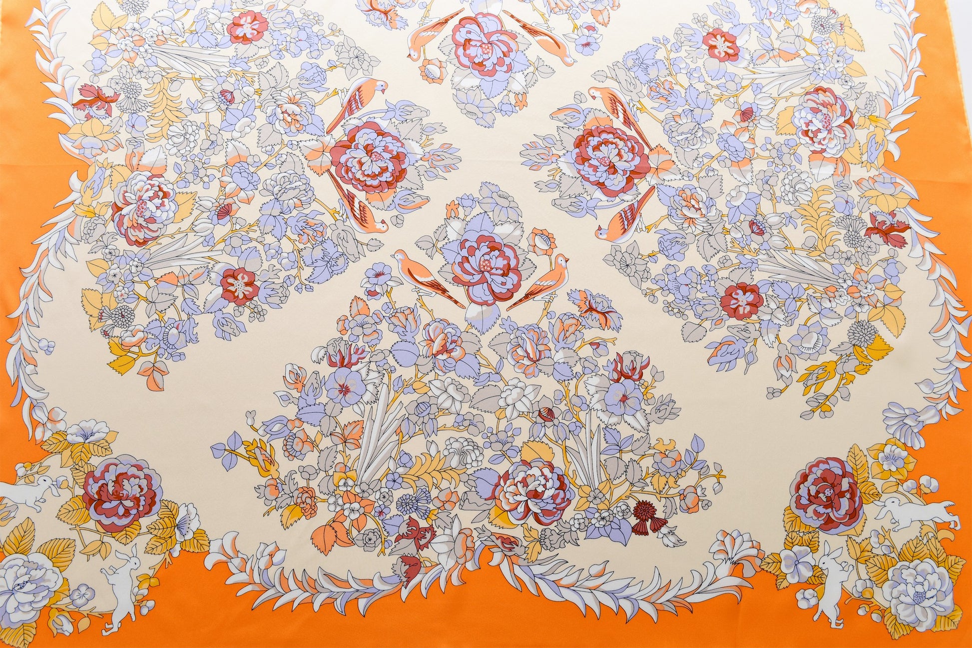 Rabbits in Rose Garden - Silk Scarf in Orange