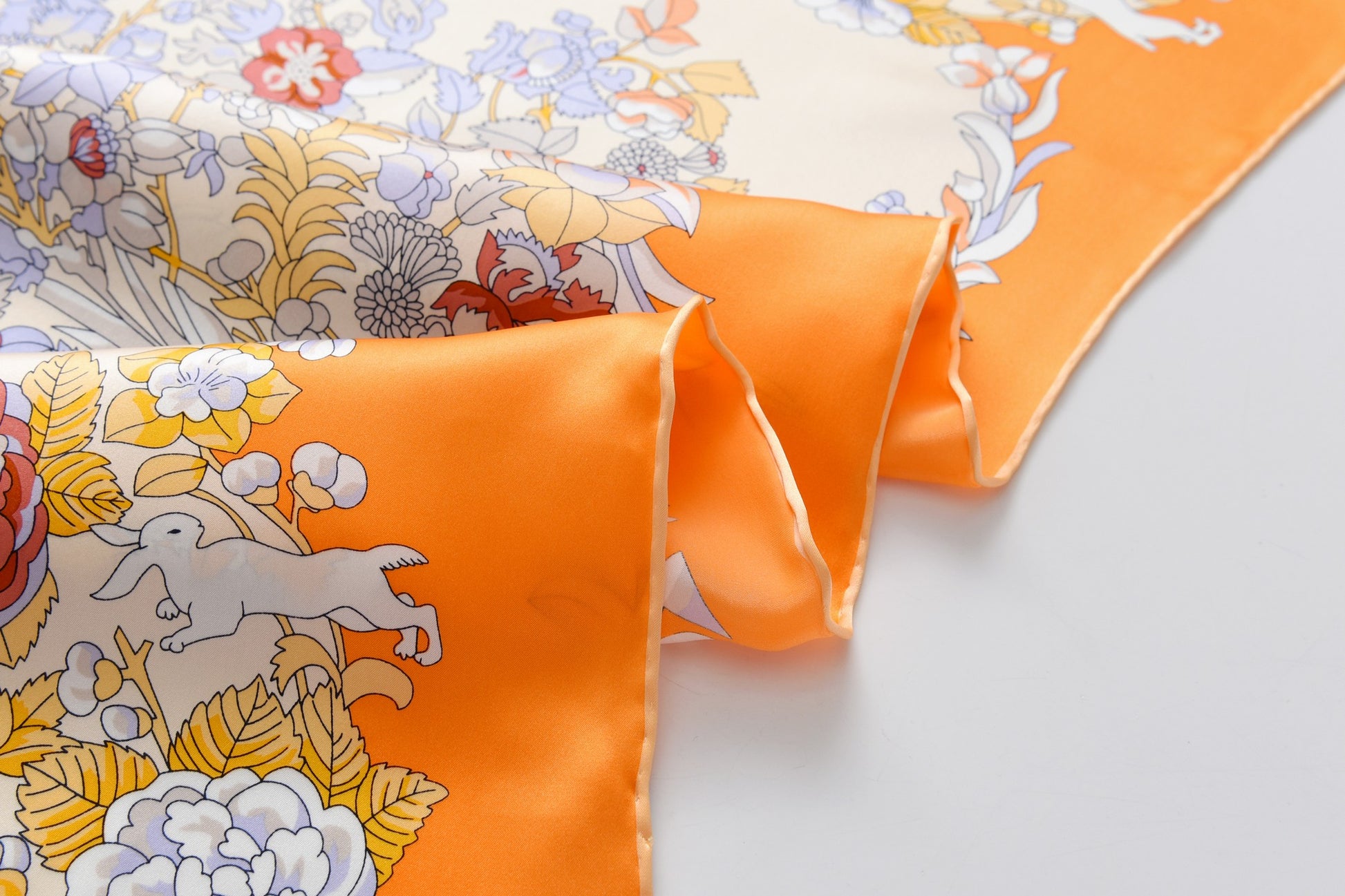 Rabbits in Rose Garden - Silk Scarf in Orange