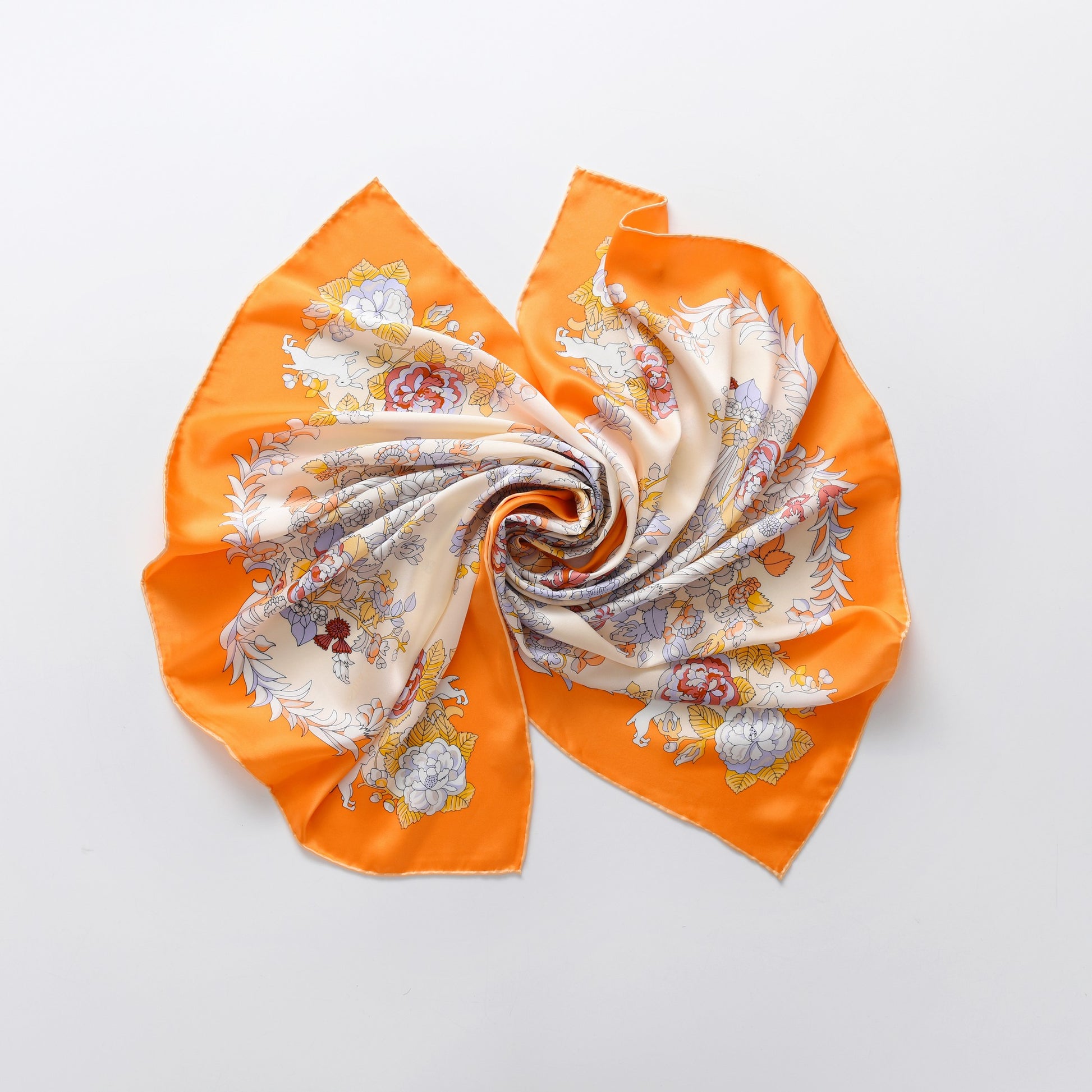 Rabbits in Rose Garden - Silk Scarf in Orange