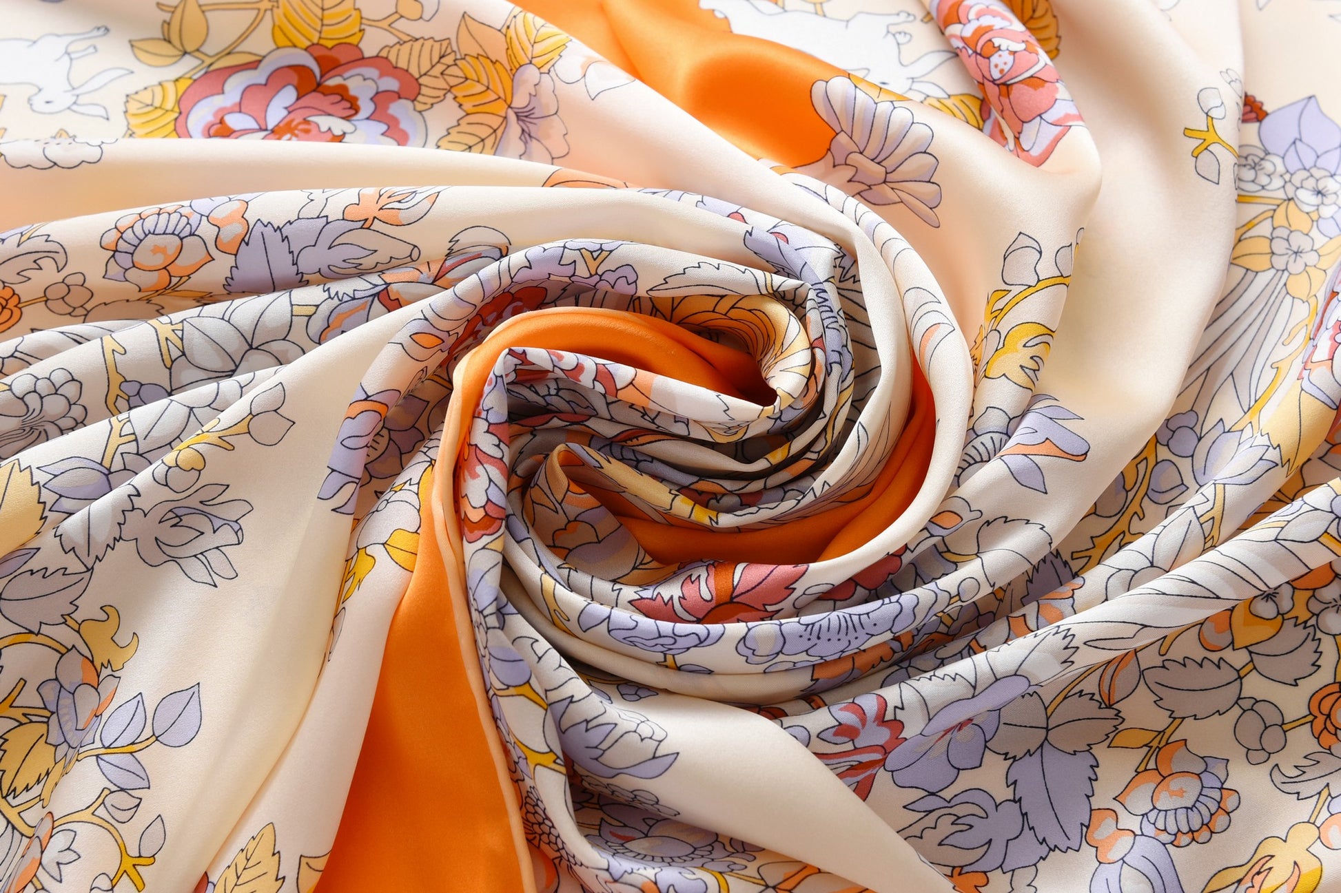 Rabbits in Rose Garden - Silk Scarf in Orange