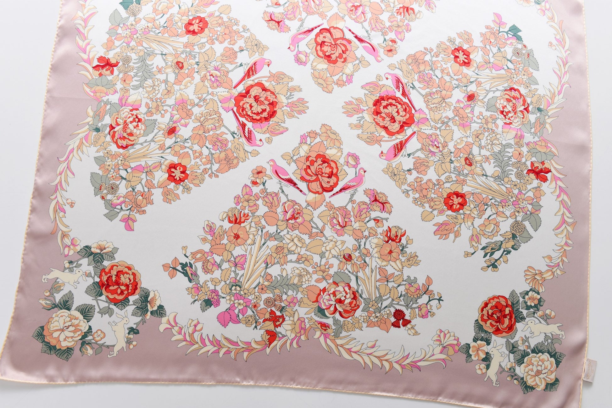 Rabbits in Rose Garden - Silk Scarf in Pink