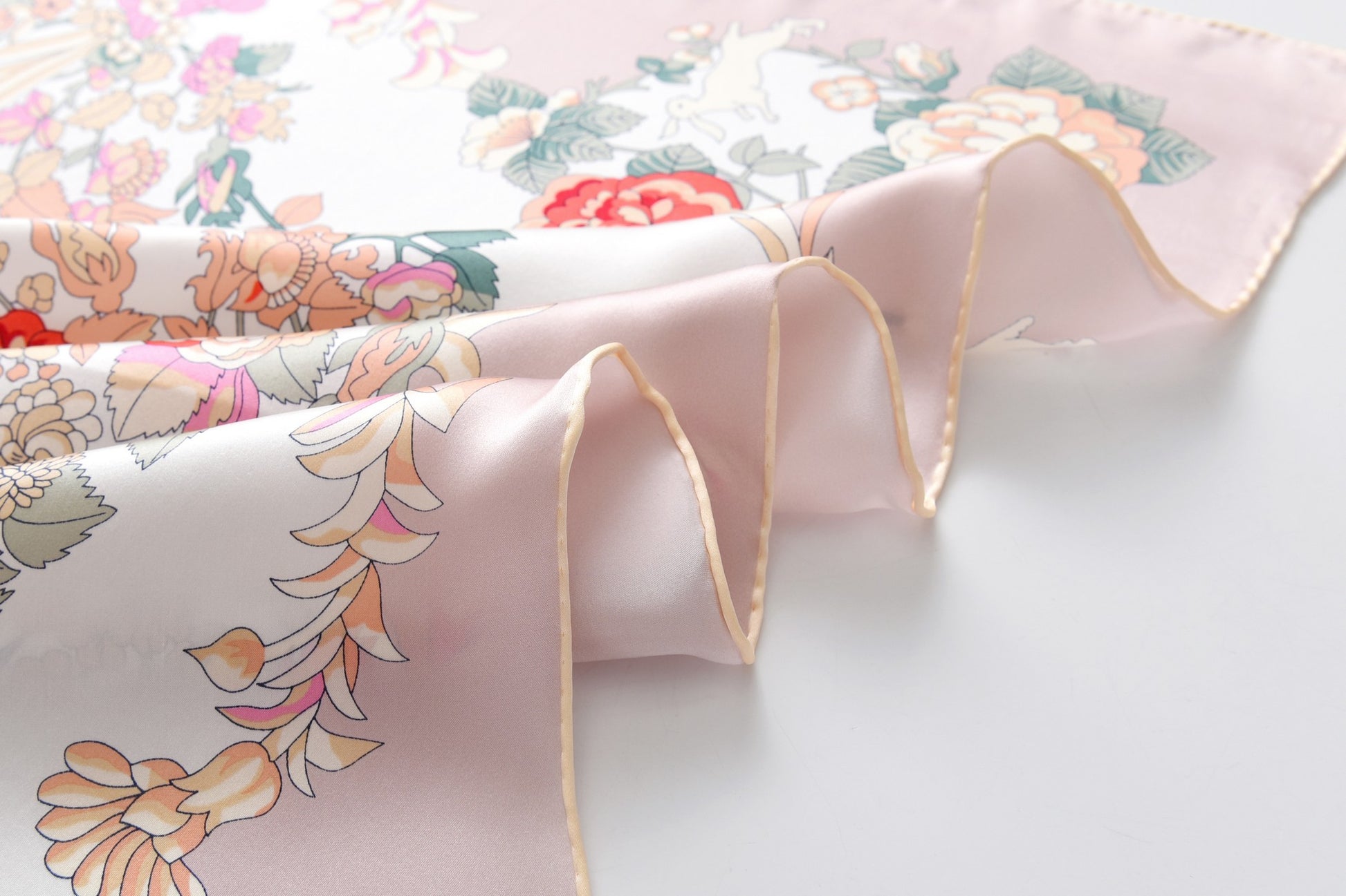 Rabbits in Rose Garden - Silk Scarf in Pink