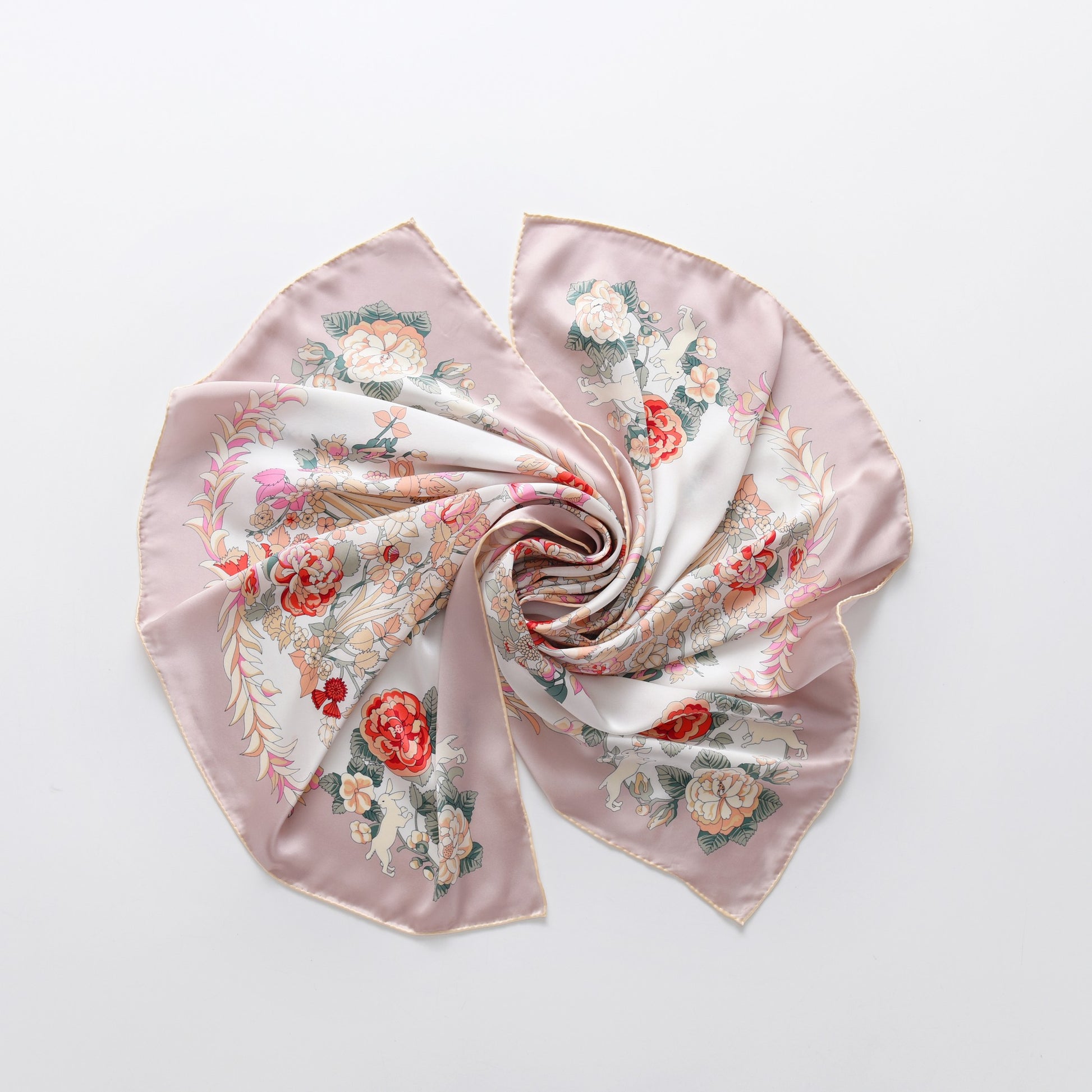 Rabbits in Rose Garden - Silk Scarf in Pink